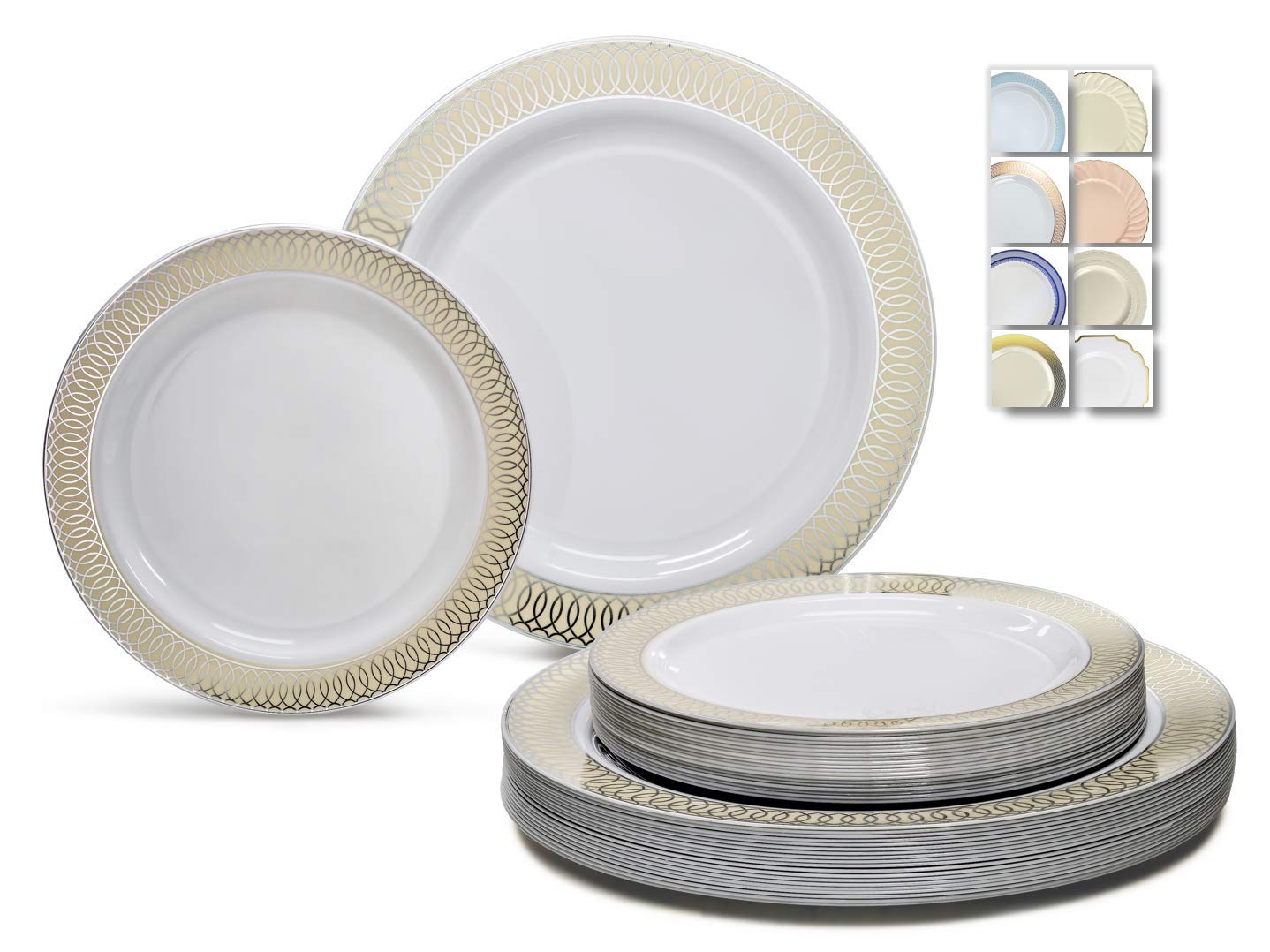 240-Piece Premium Disposable Plastic Plates Set for Weddings & Parties - 120 x10'' Dinner Plates + 120 x7.5'' Salad/Dessert Plates (Venice White with Ivory & Silver Rim) - Perfect for Wedding Receptions, Bridal Showers, Birthday Parties & Catering Events