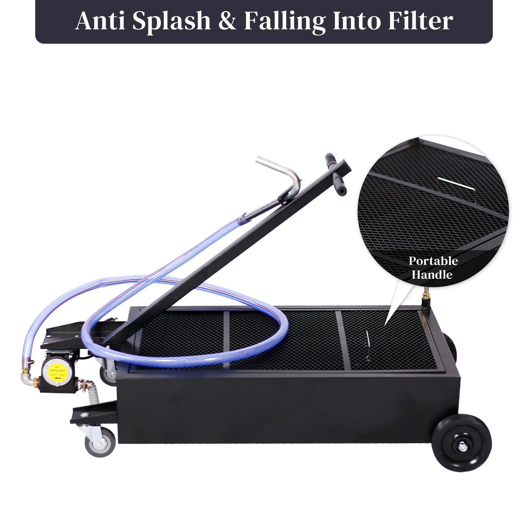 20 Gallon Oil Drain Pan with Electric Pump - Low Profile Oil Change Pan with T-Handle & J-Hook for Easy Draining - Heavy Duty Black Oil Pan for Garage, Workshop & DIY Car Maintenance
