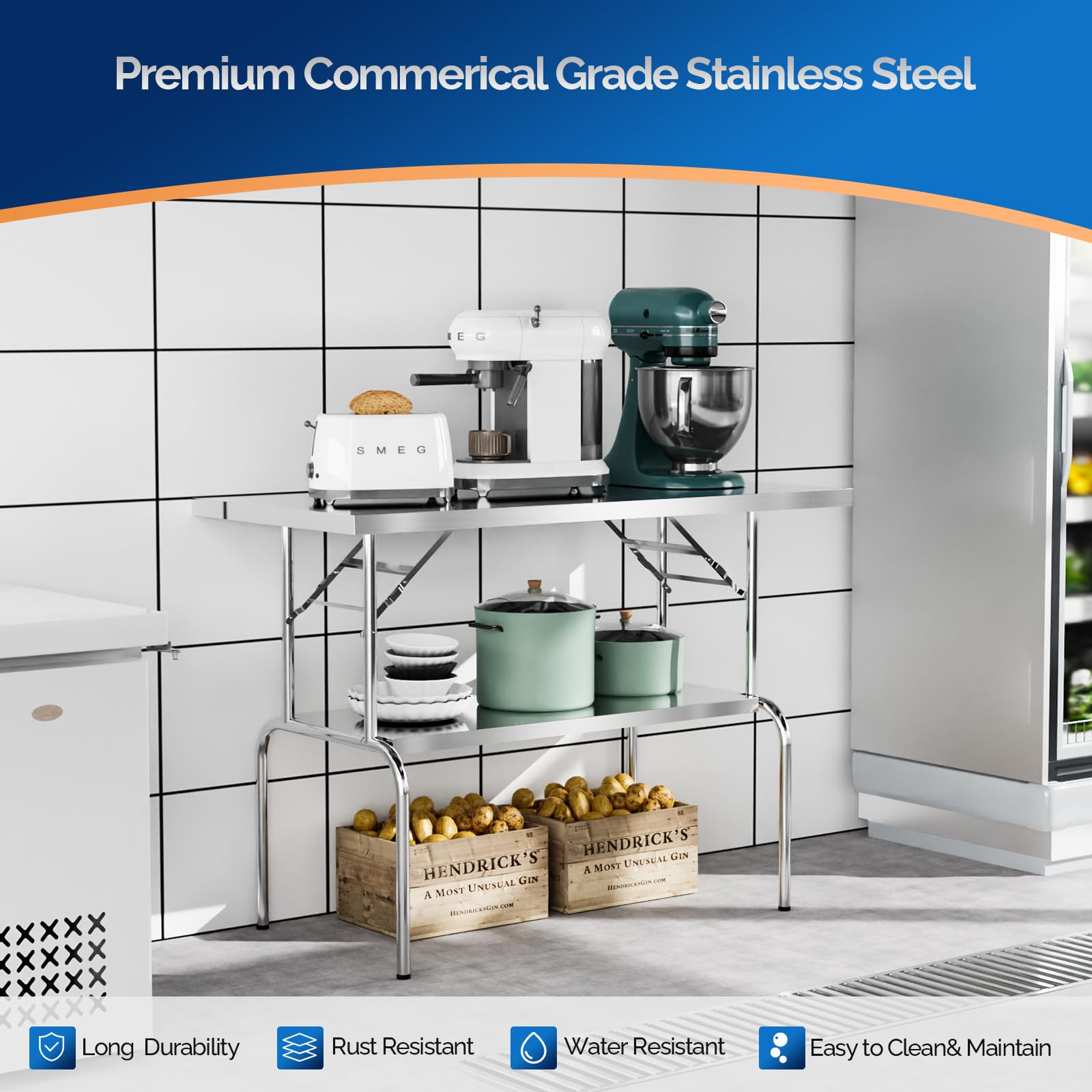 ROVSUN 48 x 24 Inch NSF Certified Stainless Steel Folding Table - Heavy Duty Commercial Prep Table with Undershelf | Portable for Kitchen, Restaurant, Hotel, Outdoor Camping & Picnic | Perfect for Food Prep, Buffet Serving & Outdoor Dining