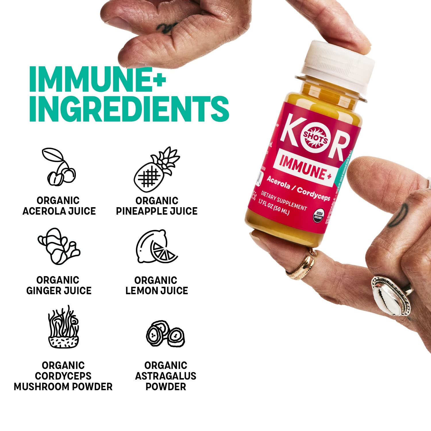 Organic Acerola Ginger & Cordyceps Immune Booster Shot - 24 Pack (1.7 Fl Oz Each) - 533% Daily Vitamin C - USDA Certified Dietary Supplement - Great for Travel, Work & Wellness Routine