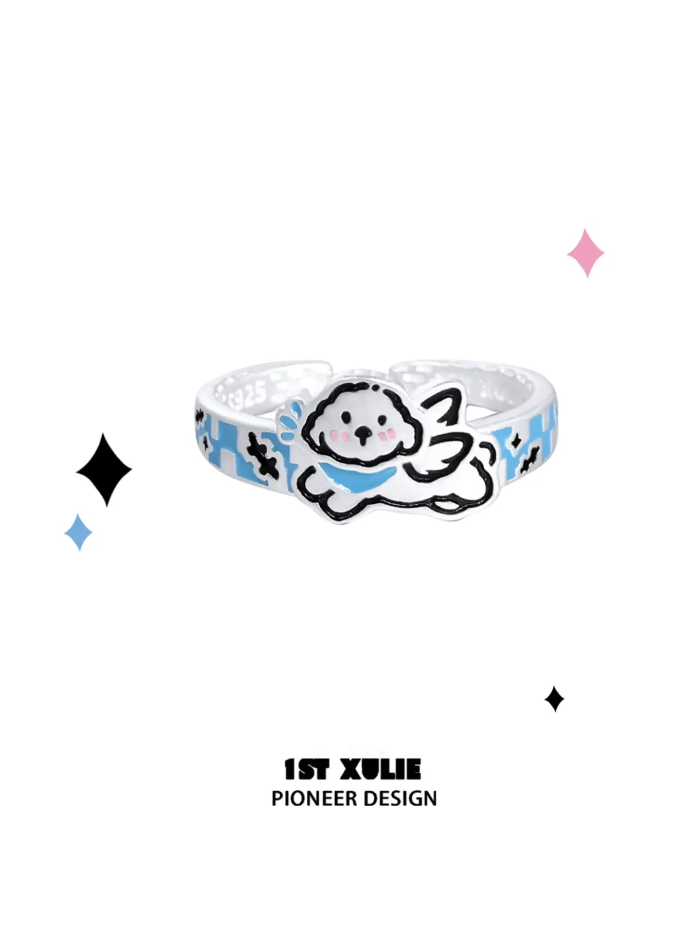 Angel Cuties 925 Sterling Silver Hand-Painted Colorful Resin Kitten & Puppy Ring - Cute Animal Jewelry for Women, Perfect Gift for Cat & Dog Lovers (Birthday, Valentine's Day, Anniversary)