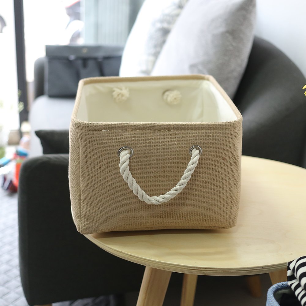 Decorative Fabric Storage Basket with Handles - Rectangular Clothes Organizer Bin for Home, Bedroom & Closet (Beige, Medium 13.8
