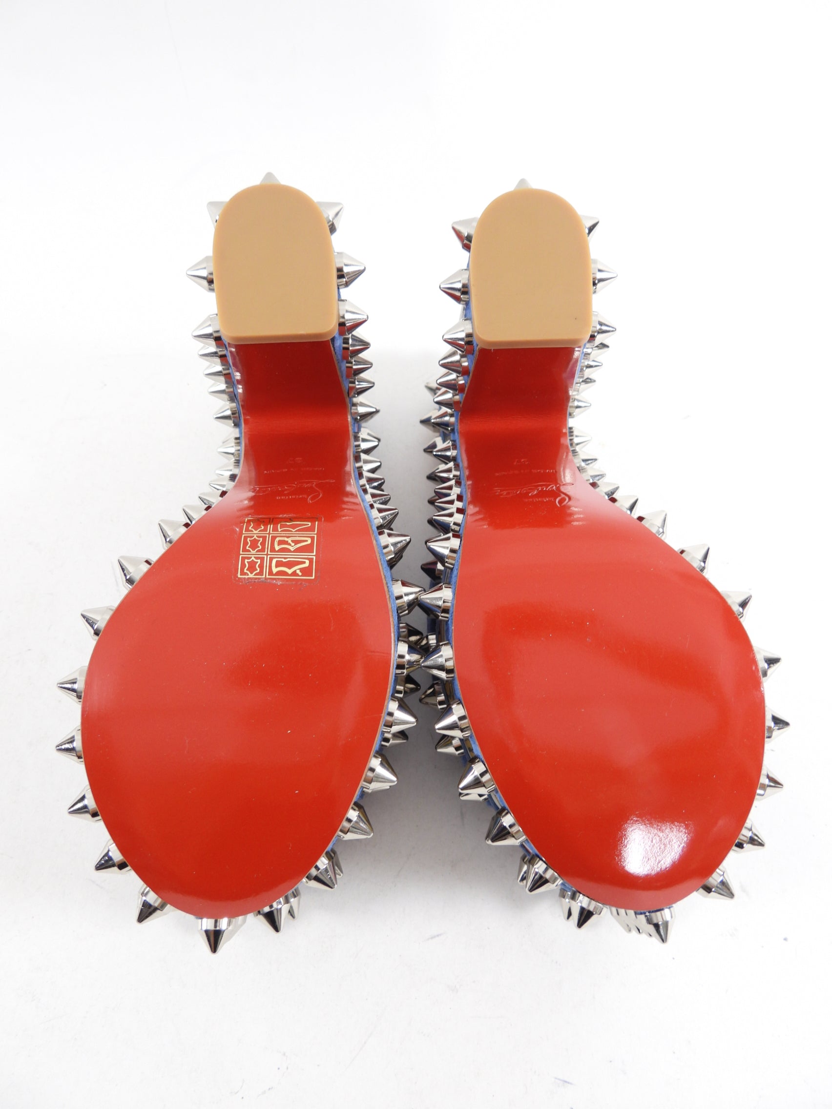 Christian Louboutin Blue Suede Spike Accent Platform Mules Size 37 - Luxury High Heel Sandals for Women, Perfect for Parties & Evening Events