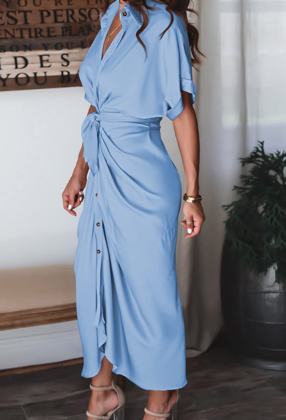 Elegant Women's Satin Button Down Short Sleeve Maxi Shirt Dress with Belt - Perfect for Summer Outings, Beach Cover-ups & Casual Office Wear