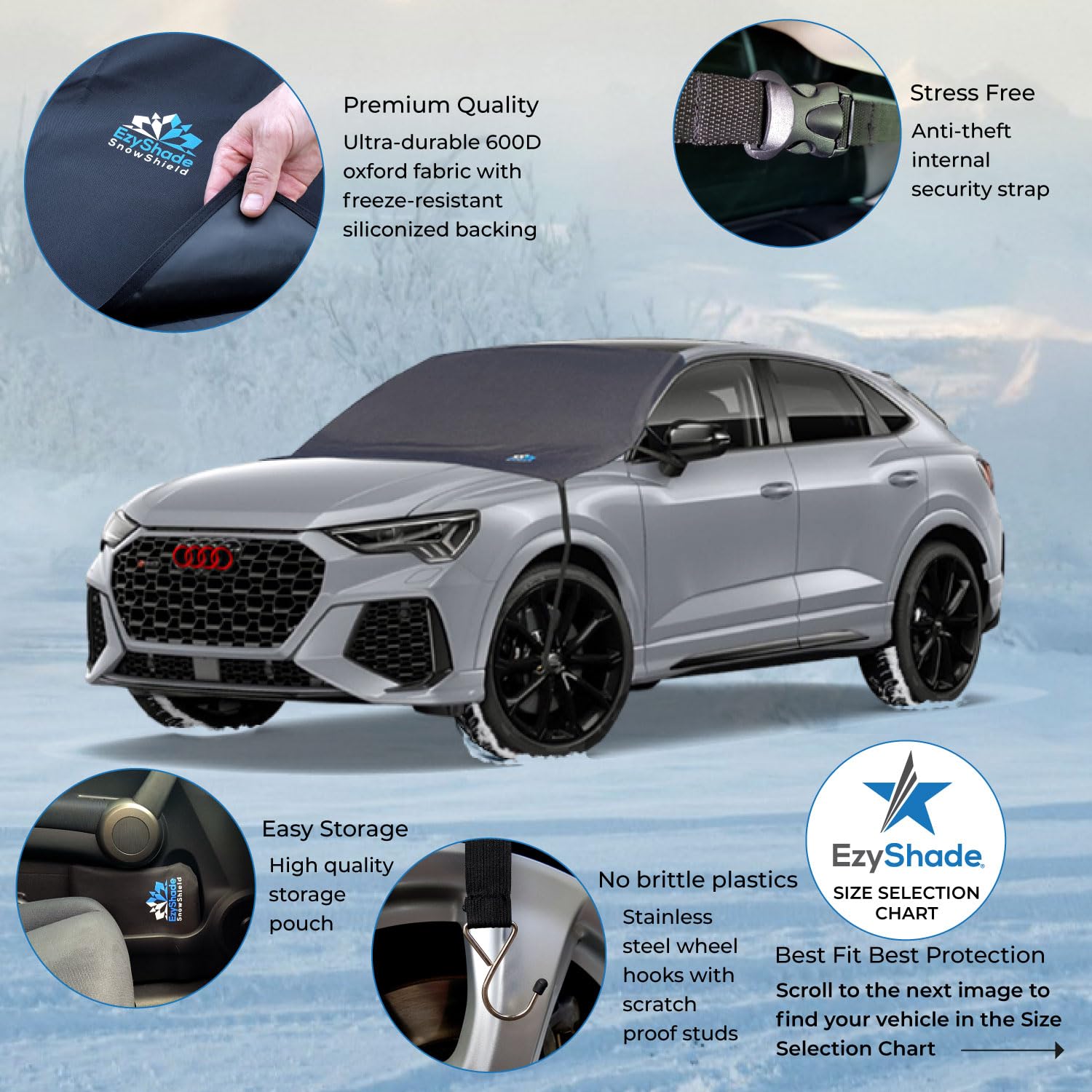 EzyShade Car Windshield Cover for Ice and Snow Protection - Universal Fit for Cars, SUVs & Trucks | Frost Shield Snow Cover | Winter Car Accessories (Standard Size M) | Perfect for Winter Parking & Overnight Frost Prevention