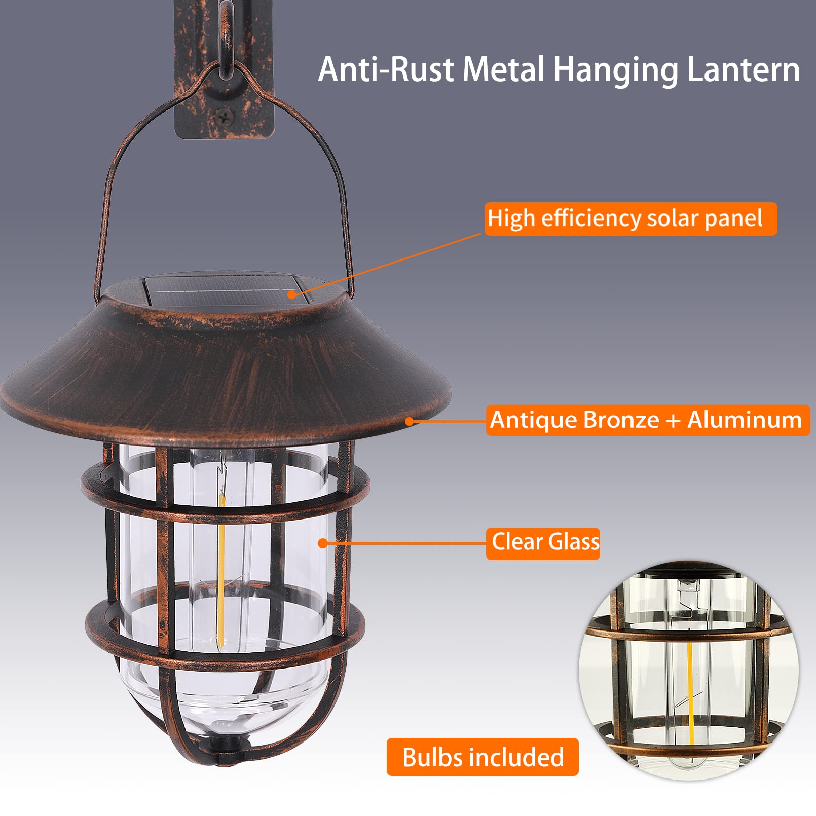 Outdoor Solar Lantern with LED Edison Bulbs - Waterproof Metal Hanging Solar Light with Clear Glass & Aluminum Hook - Bronze Decorative Wall Lantern for Patio, Garden, Porch and Backyard Lighting