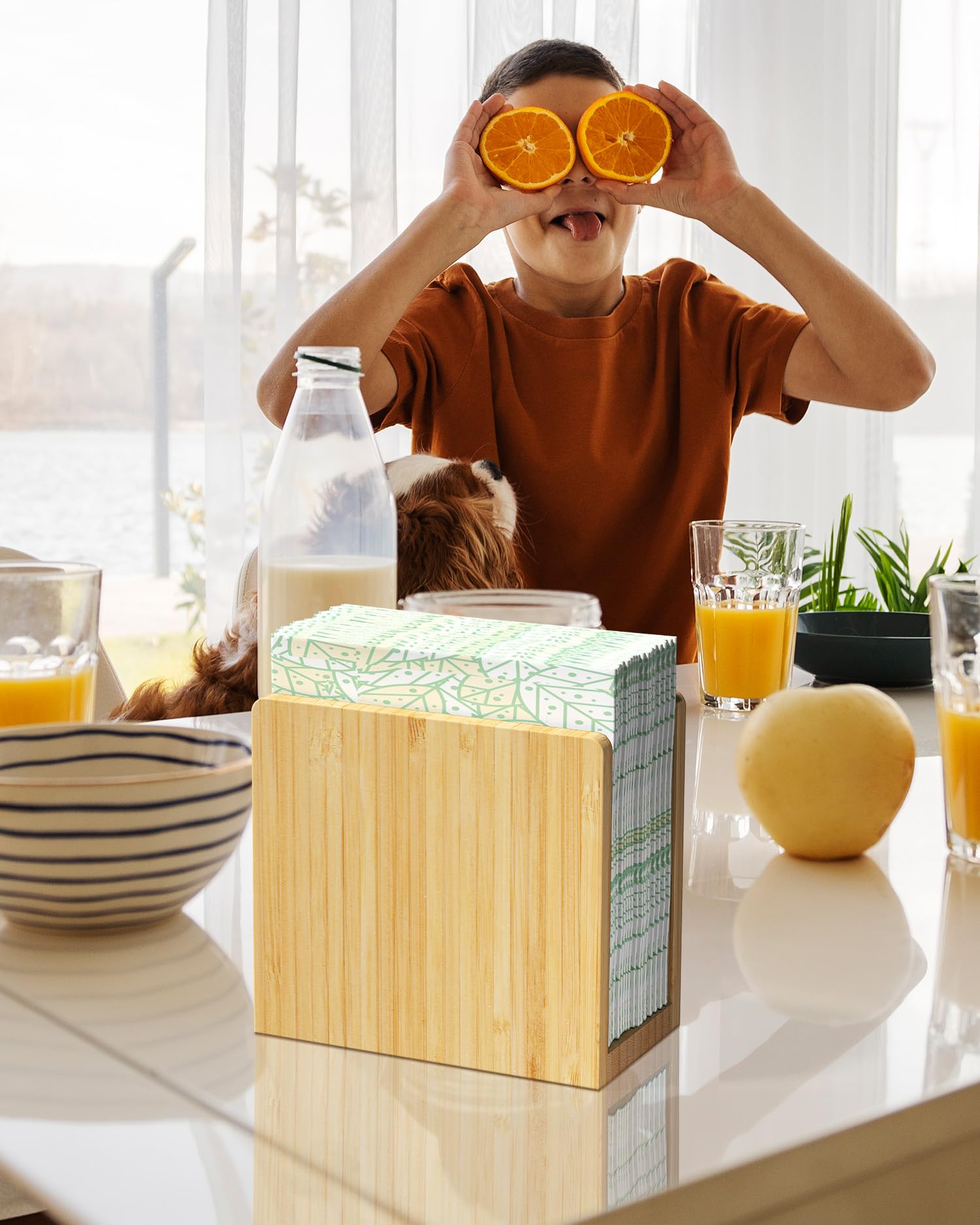 Premium Bamboo Napkin Holder - Wooden Tabletop Tissue Dispenser for Kitchen, Dining Room, Party & Outdoor Use - Holds 5.5x5.5