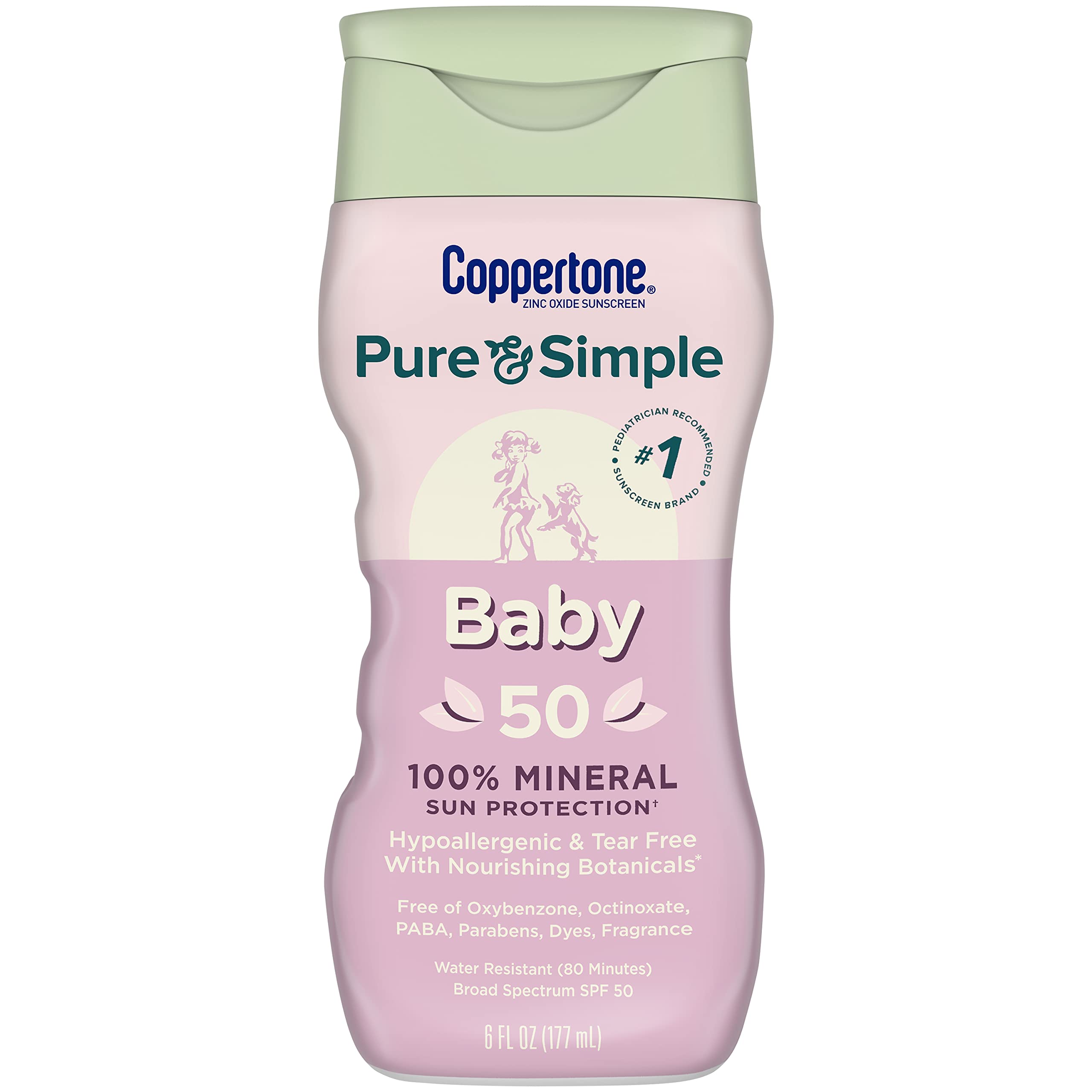 Coppertone Pure & Simple SPF 50 Mineral Sunscreen Lotion with Zinc Oxide - Tear-Free, Water-Resistant, Broad Spectrum UVA/UVB Protection - 6oz (Pack of 18) - Gentle for Baby Skin, Perfect for Beach, Pool & Outdoor Activities