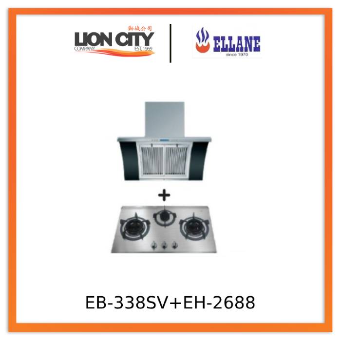 Ellane EH 2688 90cm Stainless Steel Chimney Range Hood with Arch Glass & EB 338SV 76cm 3-Burner Gas Cooktop - Modern Kitchen Ventilation System for Home Cooking and Smoke Removal