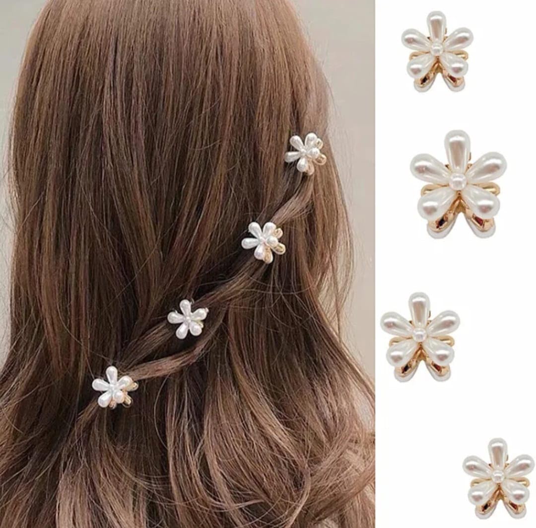 12-Pack Mini Pearl & Flower Hair Claw Clips for Women & Girls - Gold Metal Hair Barrettes & Accessories for School, Work, Parties & Everyday Styling (White)