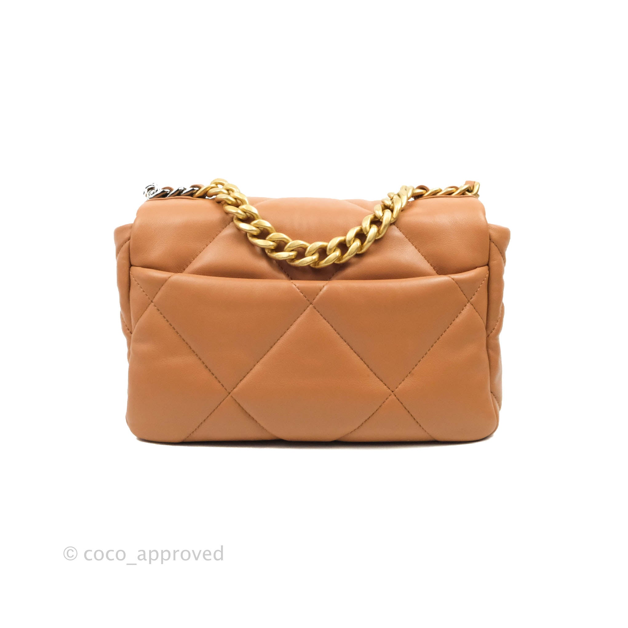 Authentic Chanel 19 Small Handbag in Caramel Dark Beige Lambskin with Mixed Hardware - 21K Collection | Luxury Crossbody Bag for Women, Perfect for Date Night & Special Occasions