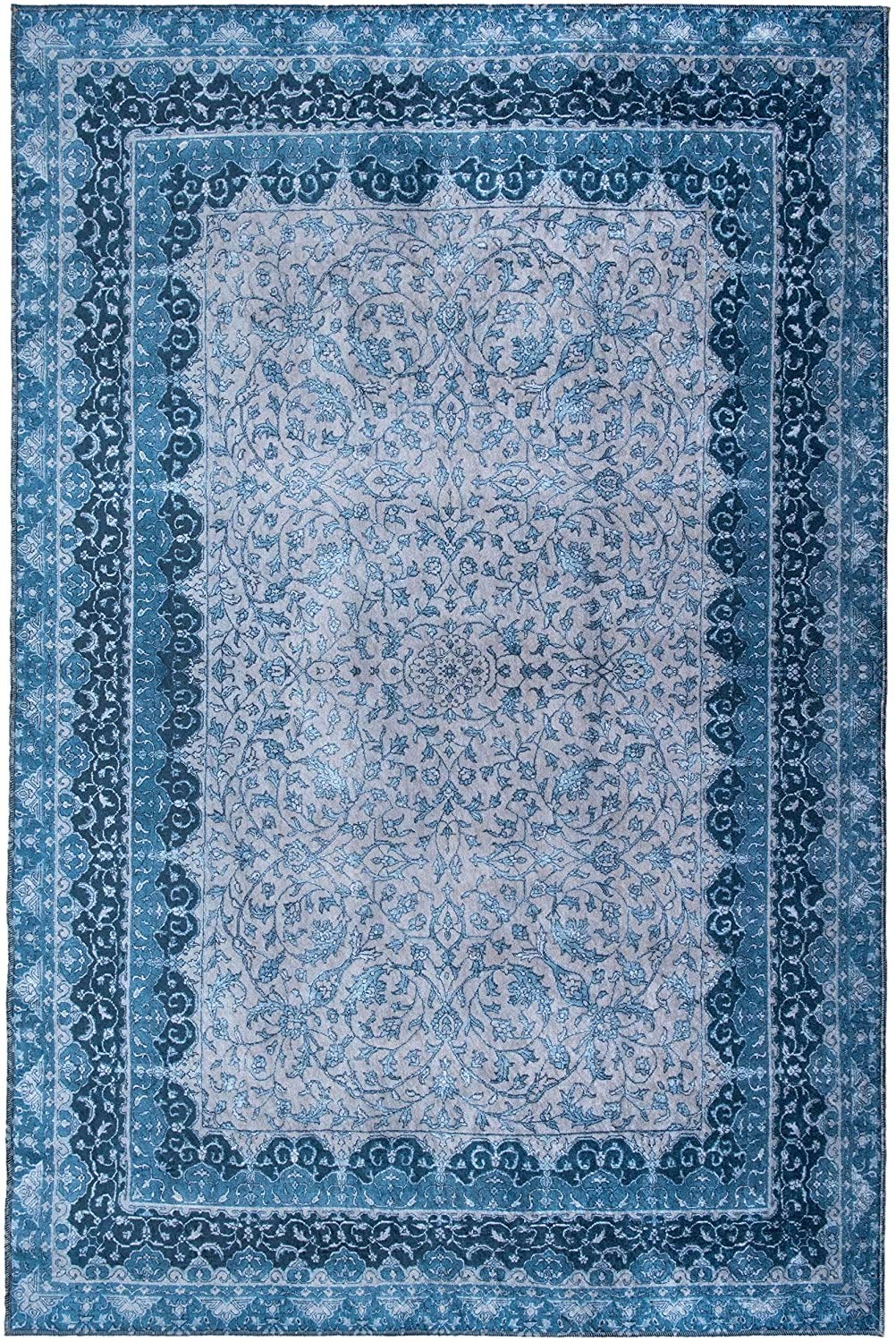 Vintage Non-Slip Machine Washable 5'x7' Blue Grey Printed Area Rug - Traditional Style for Living Room, Bedroom & Home Decor
