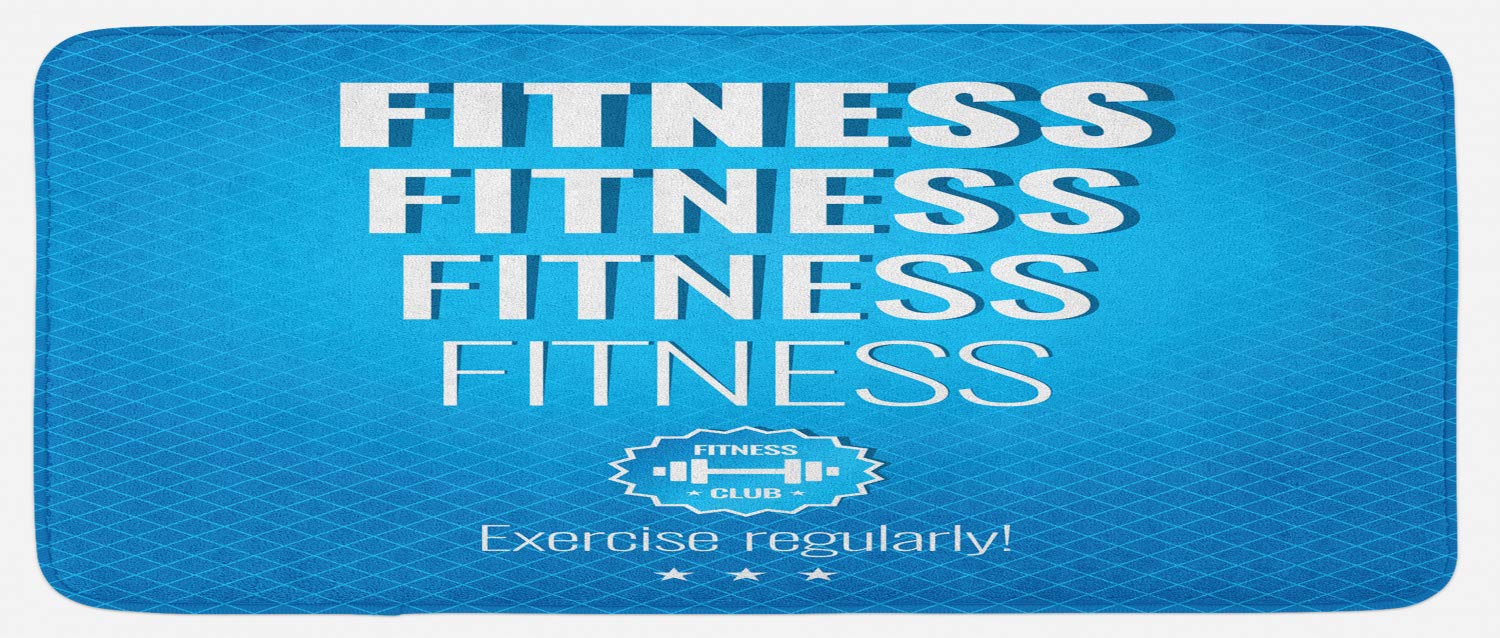 Ambesonne Non-Slip Kitchen Mat for Fitness Motivation - 47x19 Inch Plush Exercise Themed Decor Mat with Checkered Design in Pale Blue & White - Perfect for Home Gym, Yoga Studio & Healthy Lifestyle Kitchens