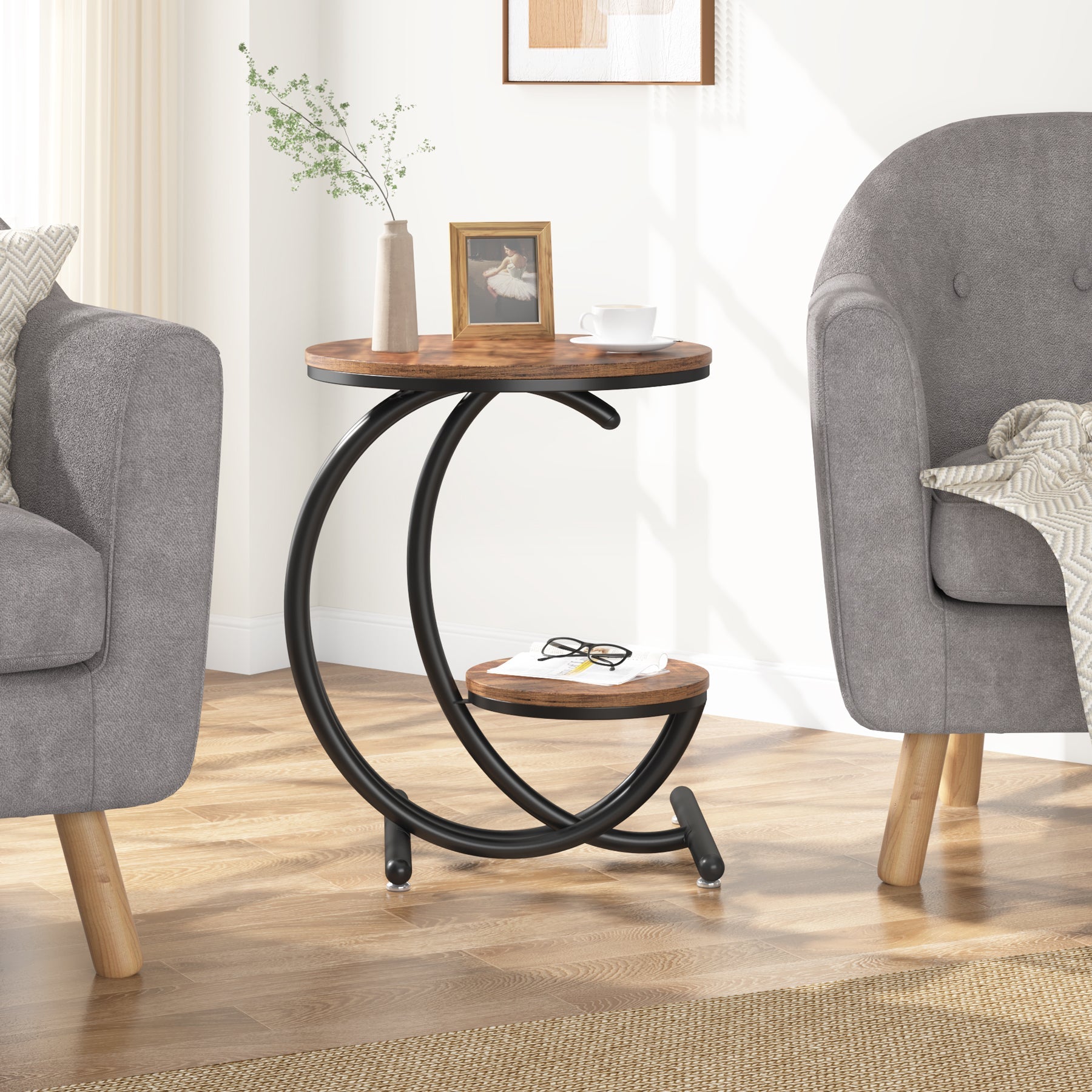 2 Tier End Table with C-Shaped Frame - Small Accent Side Table for Living Room, Bedroom & Office - Modern Nightstand with Storage Shelf