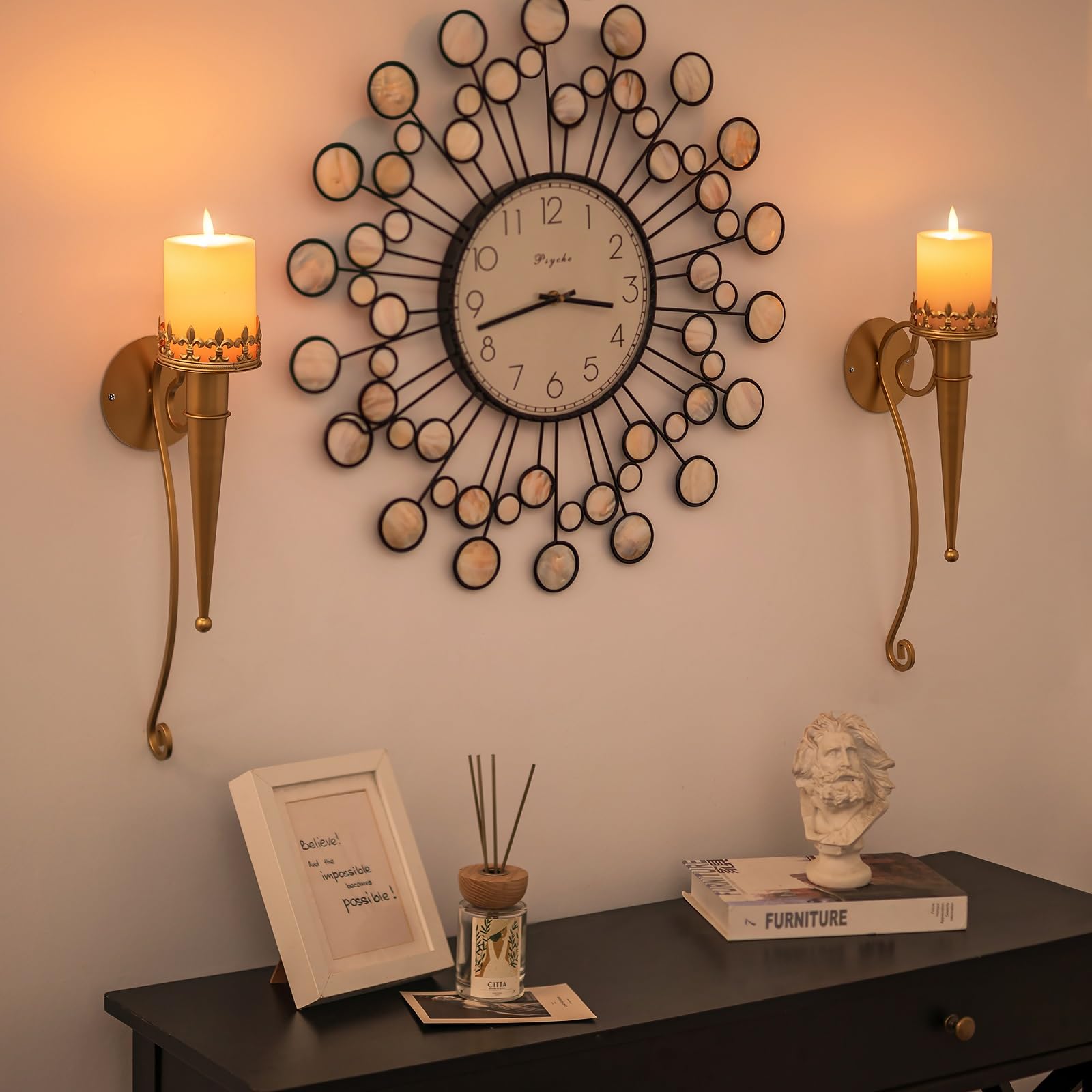 Gold Wall Candle Holder Set of 2 - Decorative Metal Candle Sconces for Pillar & Tealight Candles, Perfect for Living Room, Bedroom, Bathroom, Dining Room & Fireplace - Romantic Ambiance & Home Decor