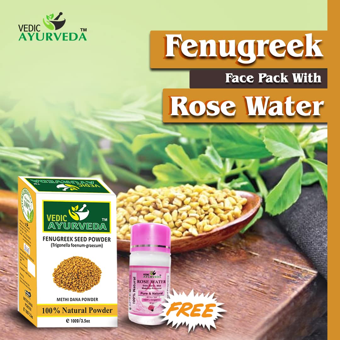 Vedic Ayurveda Fenugreek Seed Powder for Skin Glow & Hair Growth - 100% Natural, 100g + Free 60ml Rose Water | DIY Face Mask & Hair Treatment for Healthy Skin & Stronger Hair