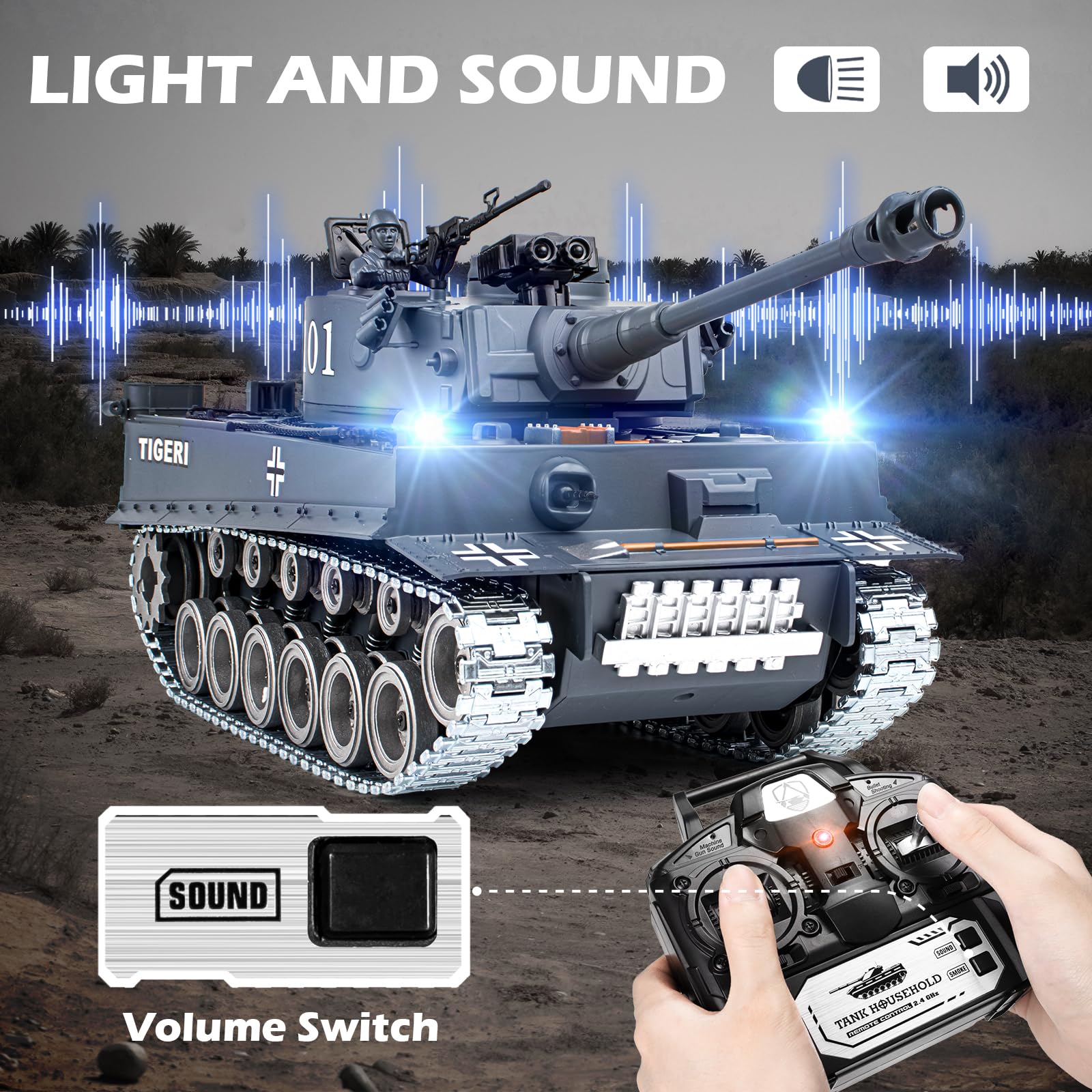 1:18 Scale German Tiger I Alloy Metal RC Tank - 2.4GHz Remote Control Military Model with Realistic Smoke, Sound & Lights | Shoots BBs & Water Bombs | Fun Battle Toy for Adults & Kids | Perfect for Outdoor Play, Backyard Battles & Collectors Display