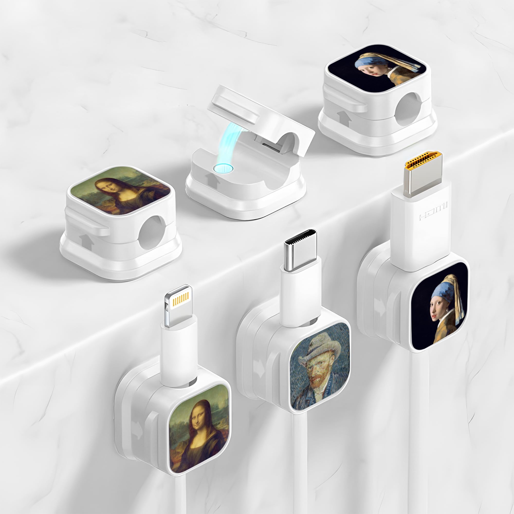 6 Pack Magnetic Cable Clips - Cord Organizers for Desk, Wall & Car - Under Desk Cable Management System for Home Office, Nightstand & Phone - Famous Paintings Design - Perfect for Neat Workspaces & Travel Organization