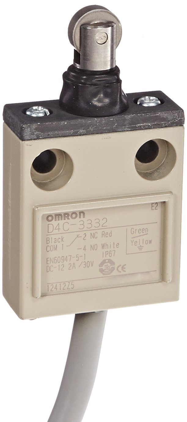 Omron D4C-3332 Compact Enclosed Limit Switch with Sealed Roller Plunger - VCTF Oil Resistant Cable, 0.1A at 30VDC, 5m Cable Length - Ideal for Industrial Automation, CNC Machines, and Harsh Environments