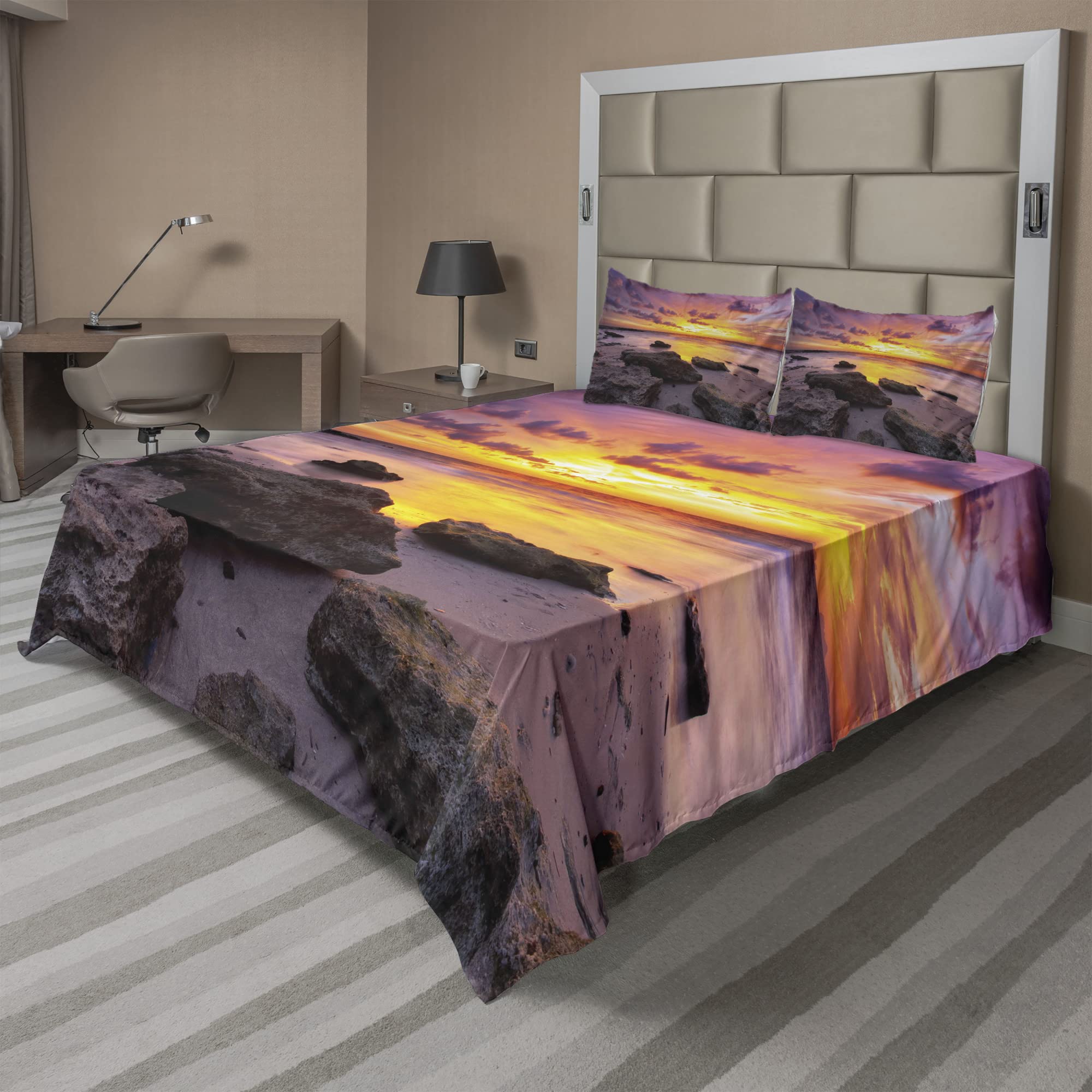 Ambesonne Tropical Beach Sunset King Sheet Set - 4 Piece Bedding with Fitted Sheet, Flat Sheet & Pillowcases - Mauve Salmon Lilac Island Landscape Design - Perfect for Coastal Themed Bedrooms & Vacation Home Decor
