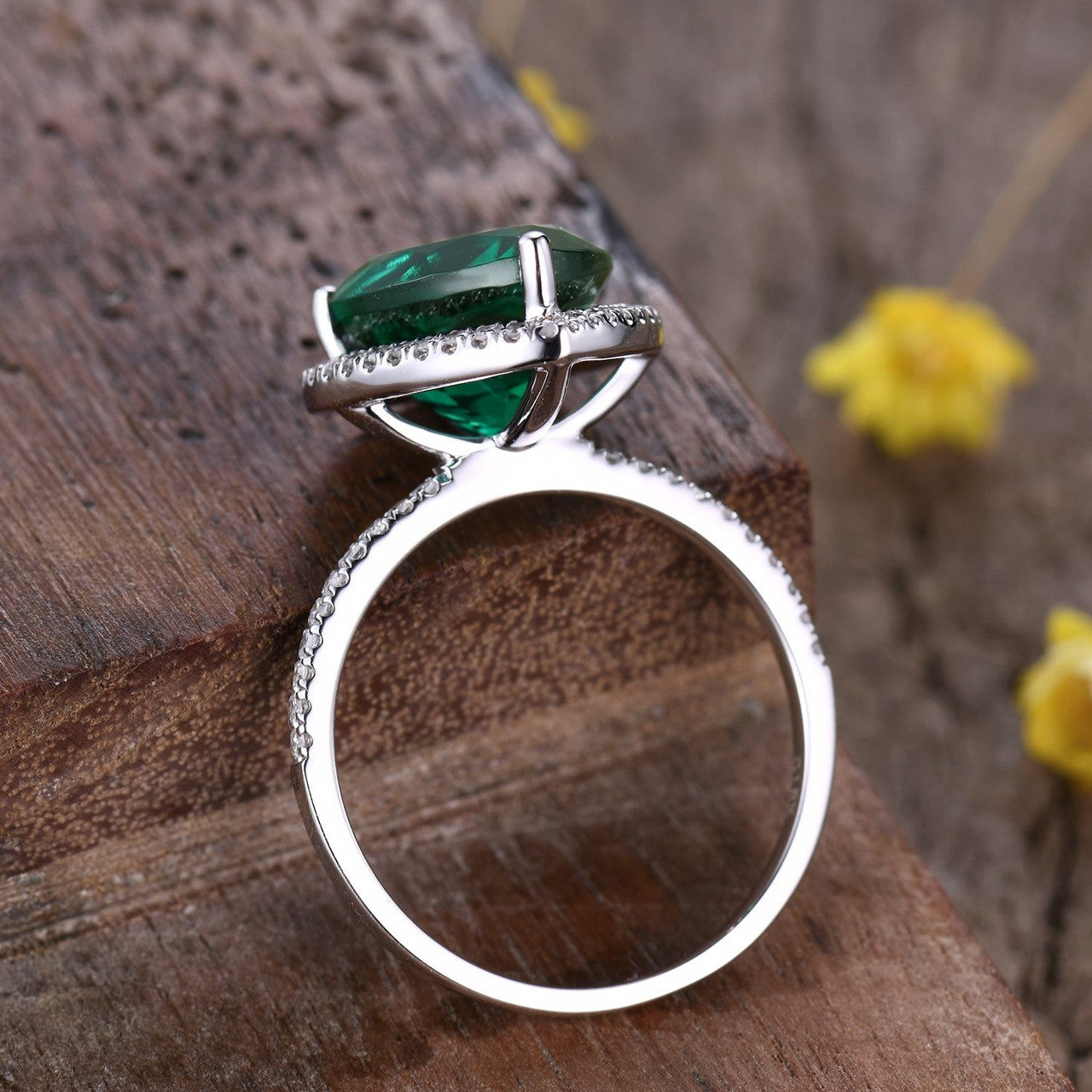 3 Carat Green Emerald Statement Ring - 10x12mm Pear Teardrop Shape Women's Cocktail Ring for Wedding, Party & Special Occasions