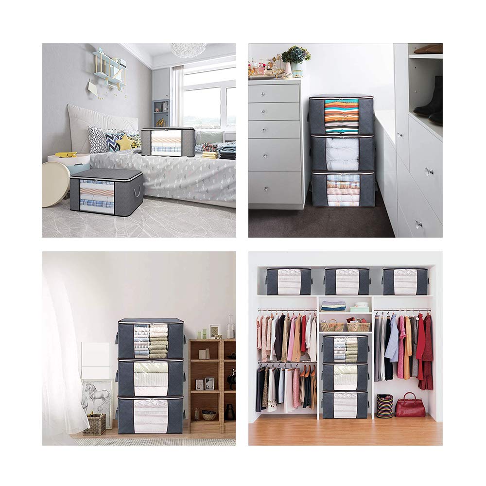 90L Large Clothes Storage Bags 3-Pack - Vacuum Seal Blanket Organizer for Comforters, Bedding, Pillows & Sweaters - Clear Window, Heavy Duty Fabric, Odor-Free with Reinforced Handles (Gray) - Perfect for Closet, Underbed & Seasonal Storage Organization