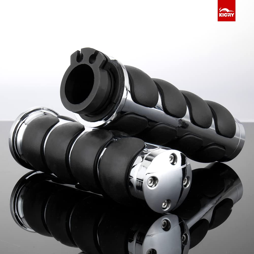 1 Inch Motorcycle Hand Grips - 25MM Chrome Black Aluminum Rubber Handlebar Throttle Grips for Harley Davidson Dyna, Sportster, Road King, Street Glide, Fat Boy & Honda Shadow VTX - Perfect for Cruiser and Touring Bike Comfort
