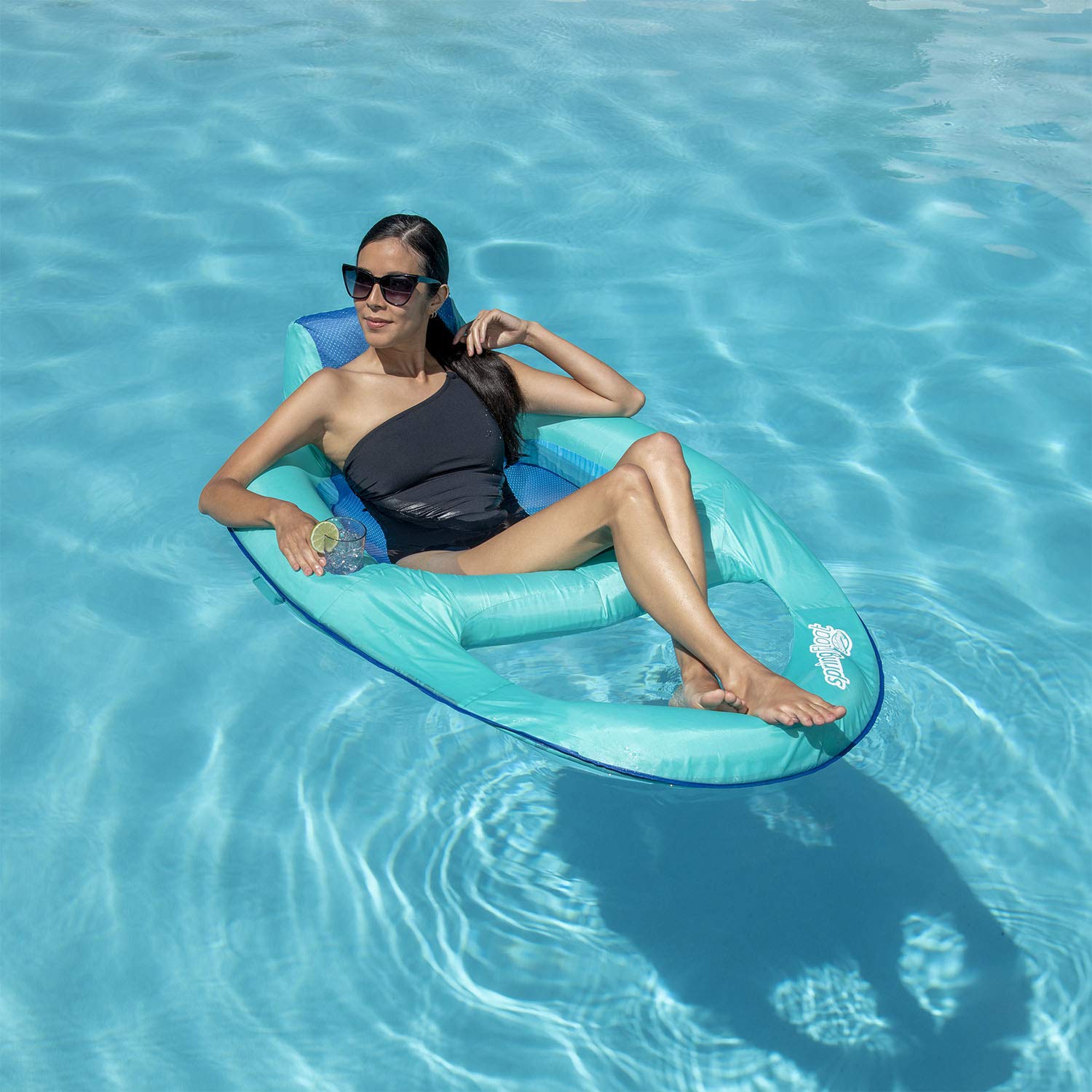 SwimWays Spring Float Reclining Pool Lounge Chair - Quick Inflatable Floating Lounger for Adults with Cup Holder & Footrest - Ages 15+ (Aquamarine) - Perfect for Relaxing by the Pool, Lake or Beach