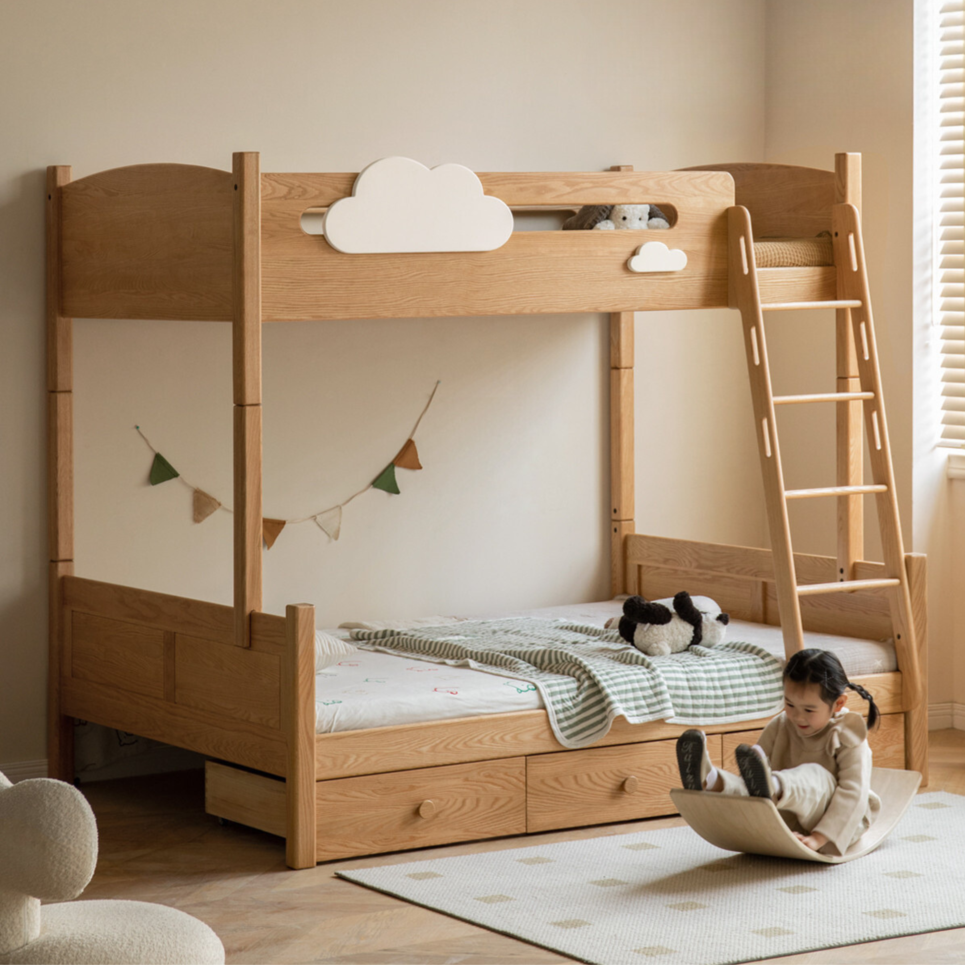 Solid Oak Wood Multi-Functional Bunk Bed with Ladder & Guardrails - Space-Saving Kids Bedroom Furniture for Siblings or Sleepovers