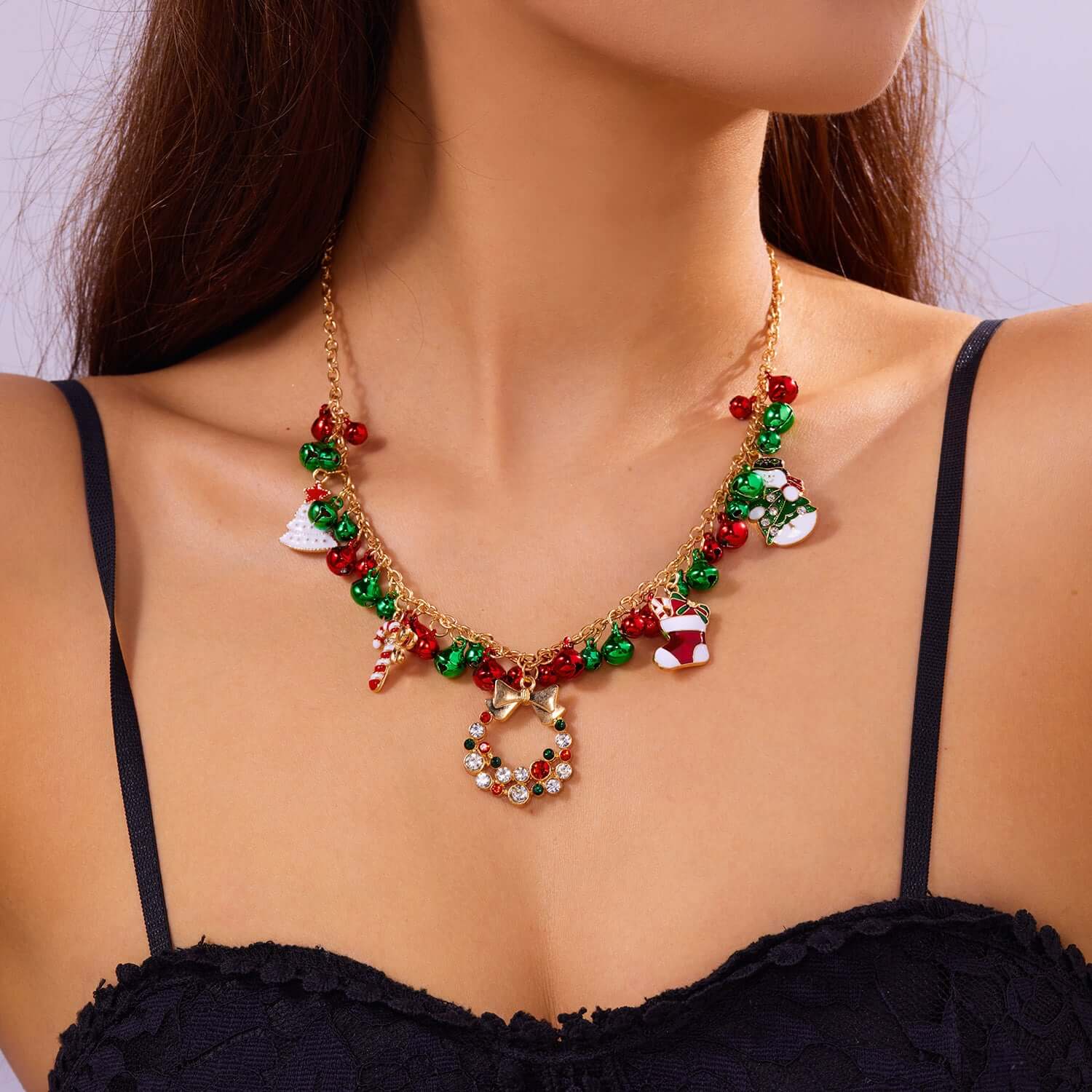 Festive Santa Christmas Jingle Bell Pendant Necklace - Red & Green Holiday Jewelry Gift for Women | Perfect for Xmas Parties, Gift Exchanges & Holiday Decorations