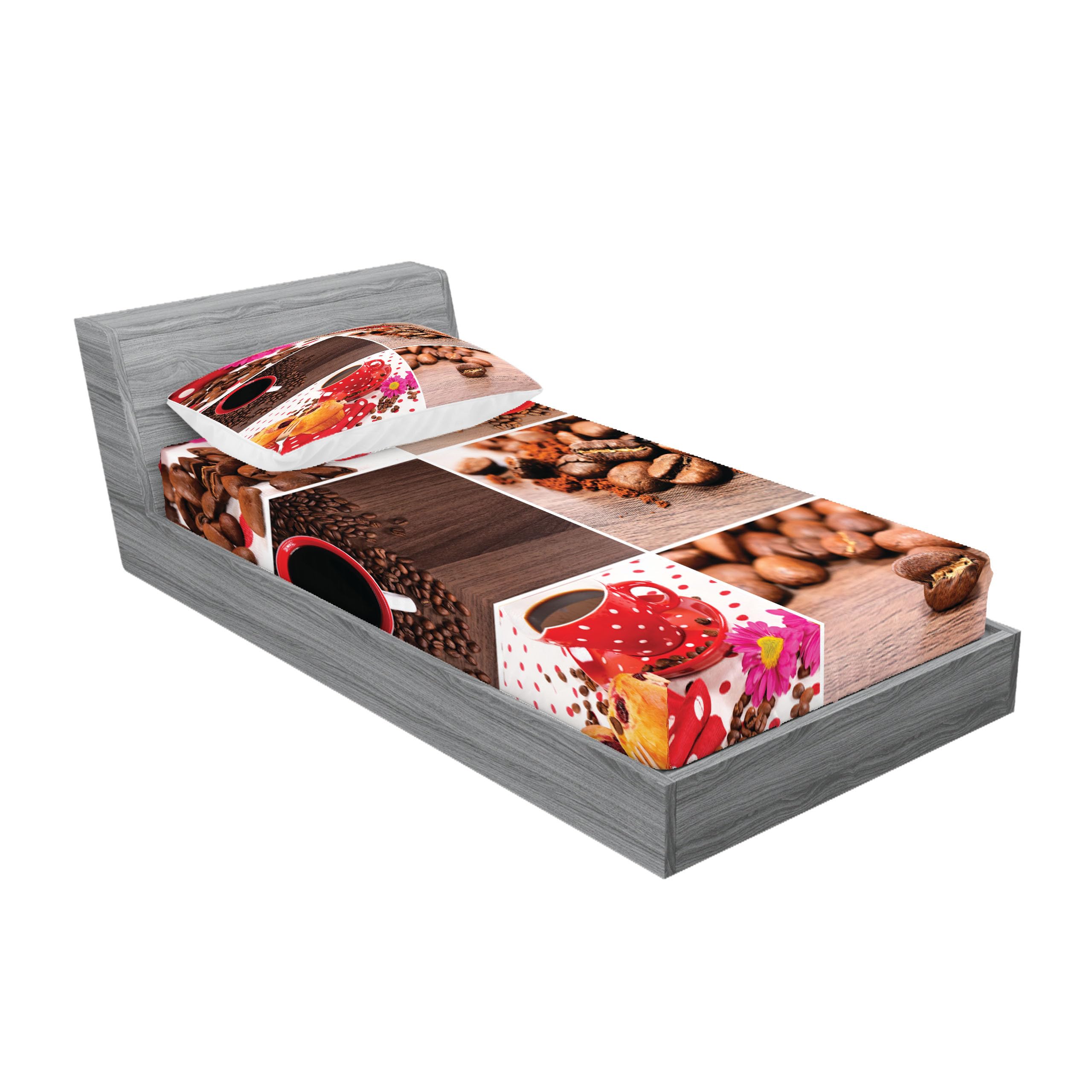 Ambesonne Coffee Lover's 2-Piece Bedding Set - Fitted Sheet & Pillow Sham with Coffee Mug, Polka Dot, Flower & Bean Photography Print - Twin Size Brown Red Decor for Bedroom, Dorm or Cafe Themed Spaces