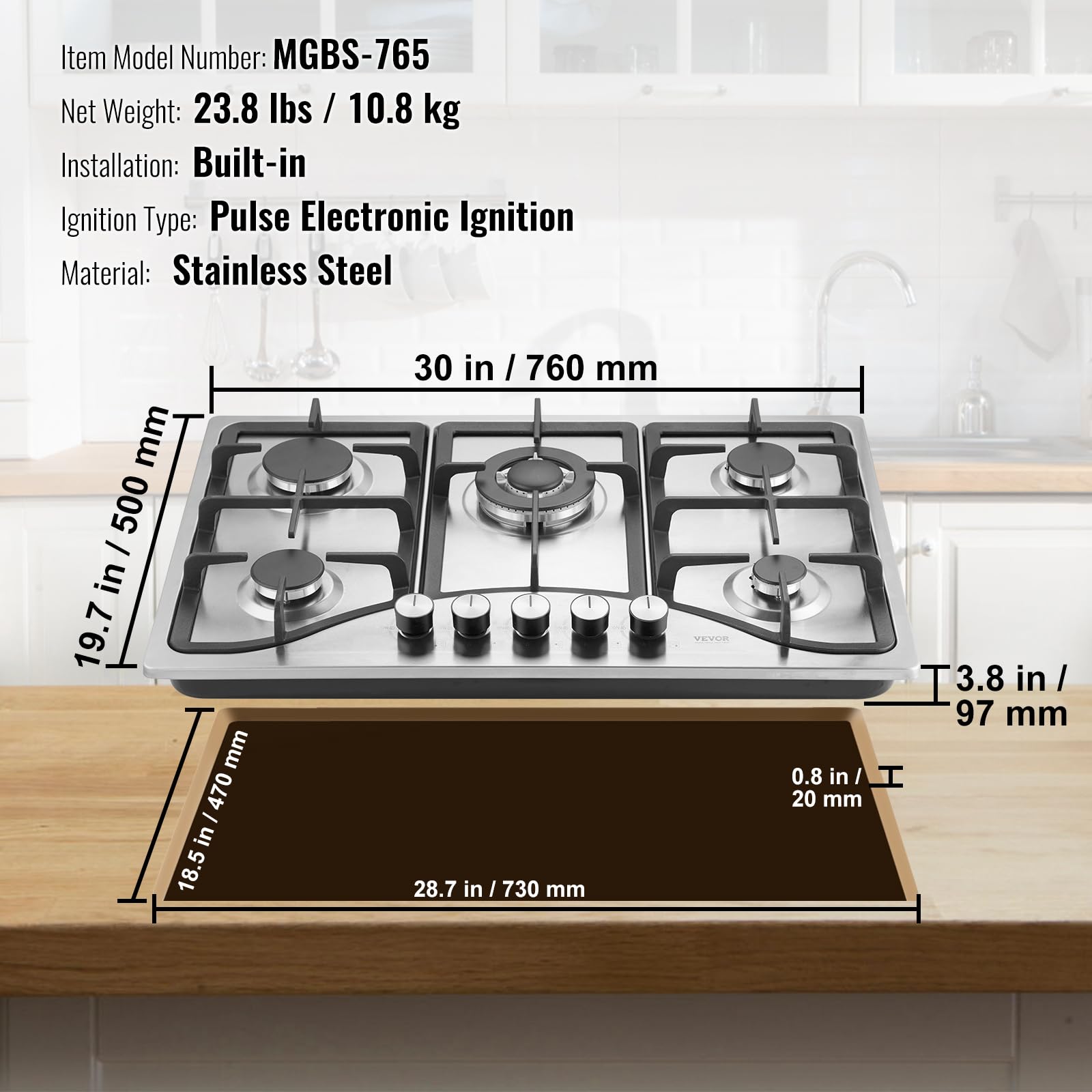 VEVOR 30-inch 5 Burner Built-in Gas Cooktop, 12250BTU NG/LPG Convertible Stainless Steel Gas Stove with Thermocouple Protection - Perfect for Camping, RV, Apartment & Outdoor Cooking