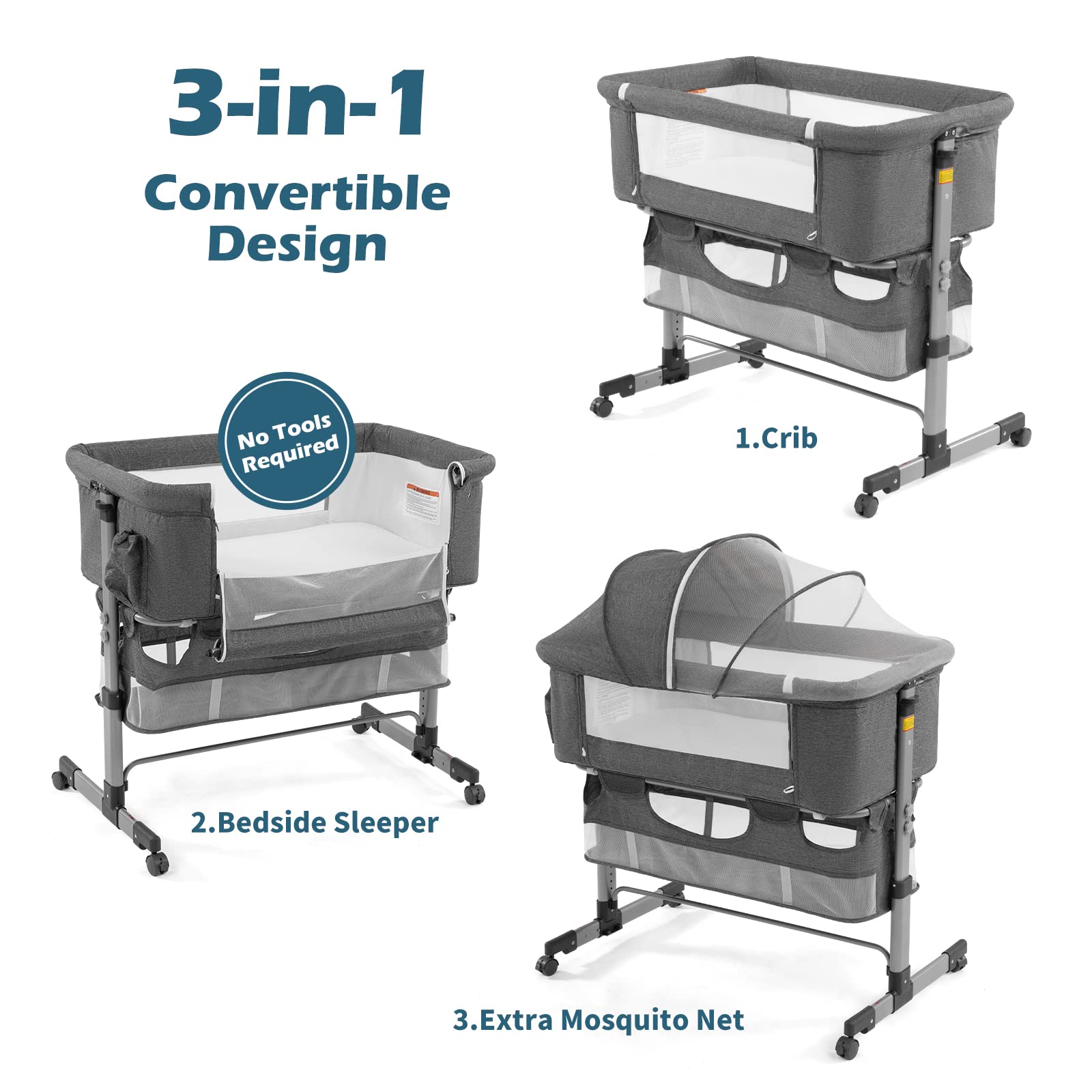 3-in-1 Adjustable Portable Baby Bassinet & Bedside Sleeper Crib with Breathable Mesh - Convertible Travel Crib for Newborns & Infants (Deep Grey) | Perfect for Nursery, Bedside Co-Sleeping & Family Travel