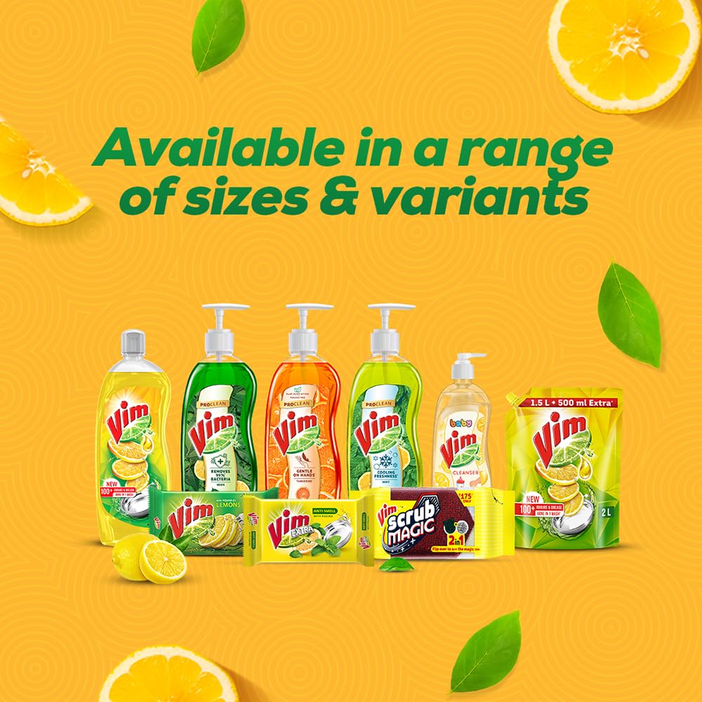 Vim Dishwashing Liquid Gel Lemon Scent - 750ml Bottle | Powerful Grease Cleaner for All Utensils | Leaves No Residue | Perfect for Kitchen, Dishes & Cookware