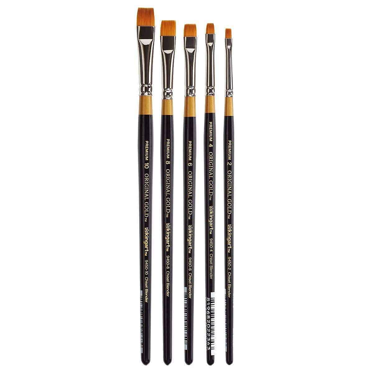 KINGART B-010 Premium 5-Piece Original Gold 9450 Series Chisel Blender Brush Set - Synthetic Golden Taklon Bristles for Acrylic, Oil & Gouache Painting - Short Handle (Sizes 2,4,6,8,10) - Perfect for Canvas, Wood & Fabric Art Projects