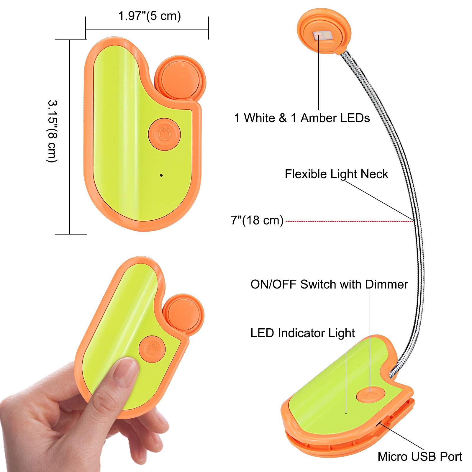 BIGMONAT Rechargeable Amber Reading Light for Kids - Portable LED Book Light with 360° Adjustable Neck, Wireless Clip-on Lamp for Night Reading, Homework & Travel (Orange) - Perfect for Bedtime Stories, Study Sessions & Camping