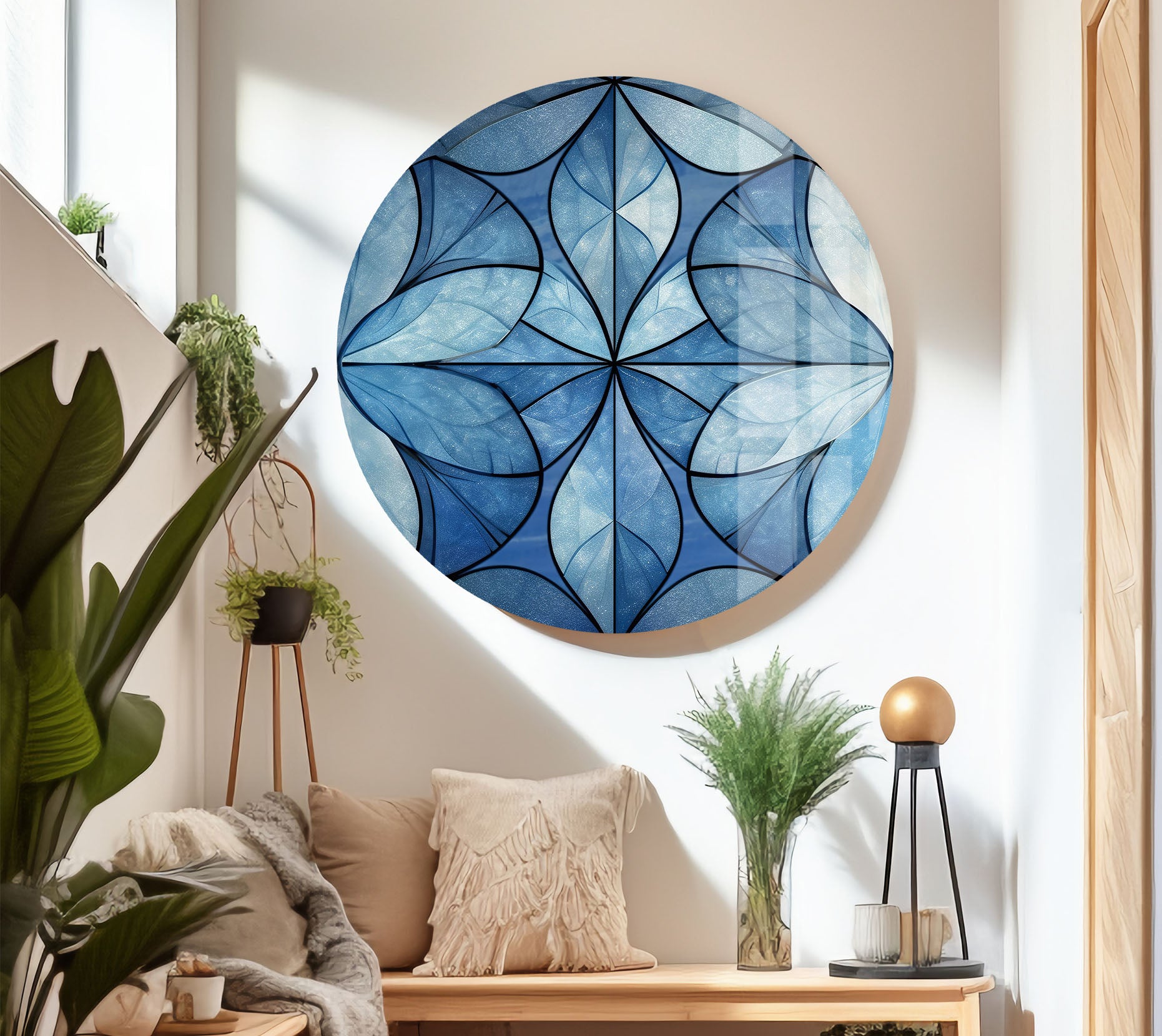 Blue Floral Geometric Wall Art - Modern Glass Panel with Elegant Petal Design for Home Decor, Living Room & Office
