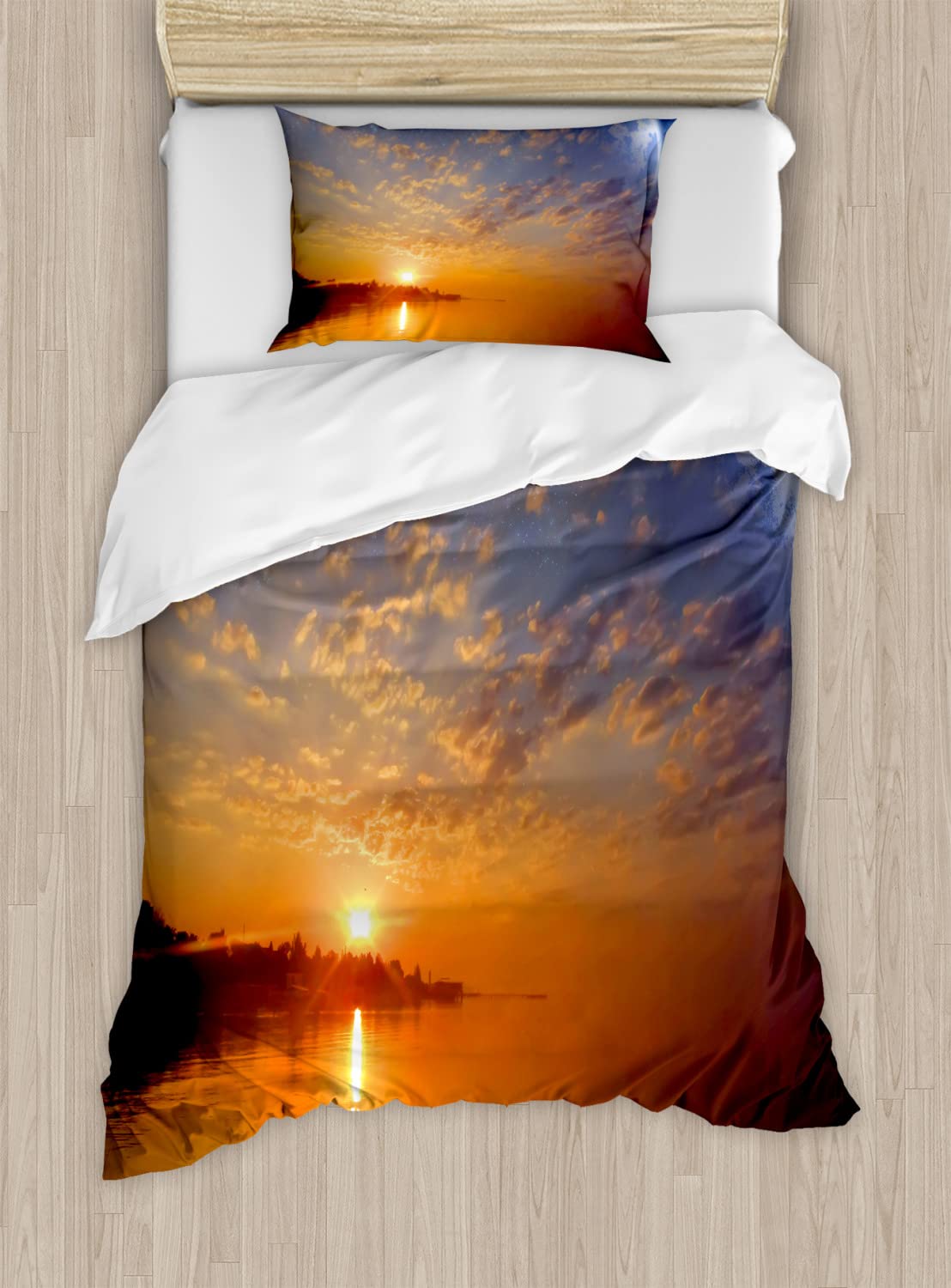 Ambesonne Galaxy Duvet Cover Set - King Size 2-Pack with Space Skyline, Planet Reflection & Sunrise Design, Includes 2 Duvet Covers & 4 Pillowcases in Orange & Blue | Perfect for Astronomy Lovers, Kids' Room Decor & Unique Bedroom Theme