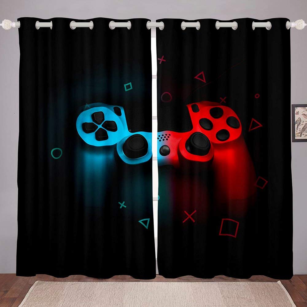 Gaming Window Curtains for Teens - Pixel Cube Abstract Design with Grommet Top (52x90 Inches) - Black Red Blue Video Game Themed Room Decor for Boys, Girls & Young Gamers - Perfect for Bedrooms, Game Rooms & Streaming Setups