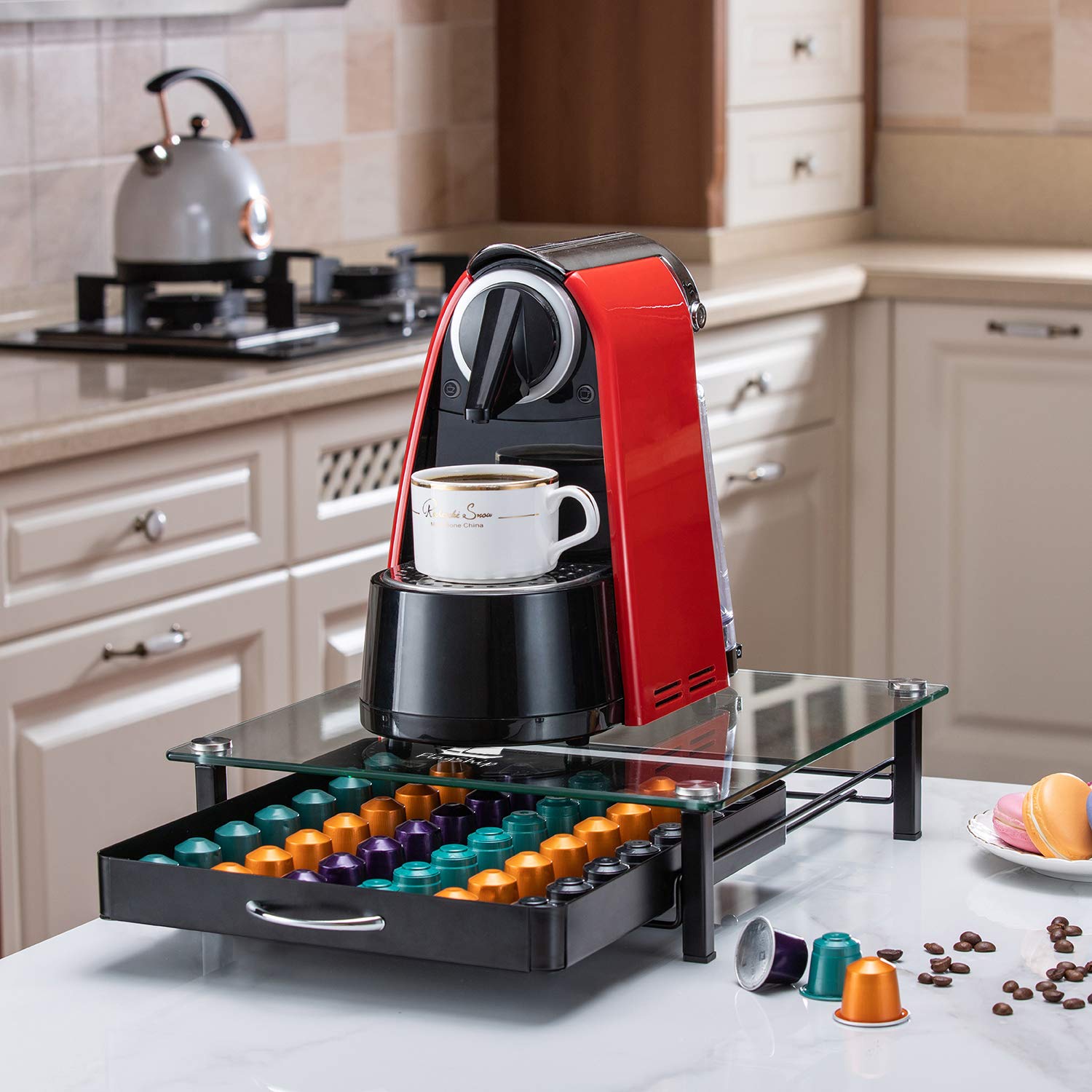 Premium Nespresso Capsule Holder Drawer - Holds 42 OriginalLine Pods | Glass Storage Organizer for Coffee Capsules | Perfect for Kitchen Countertop & Office Coffee Station
