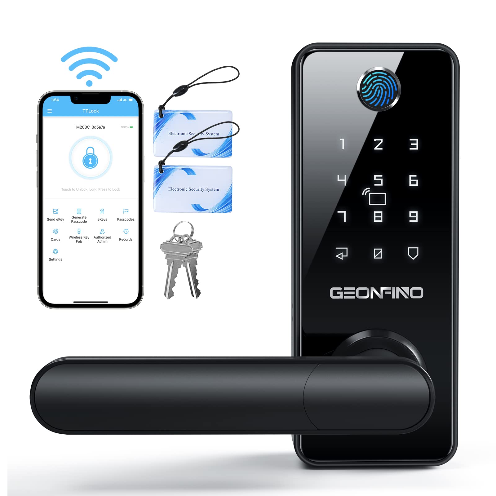 Geonfino Smart Fingerprint Door Lock with Handle - Keyless Entry, Bluetooth App Control, Auto Lock, Easy Installation - Secure Front Door Access for Homes & Apartments | Perfect for Airbnb Rentals & Vacation Properties