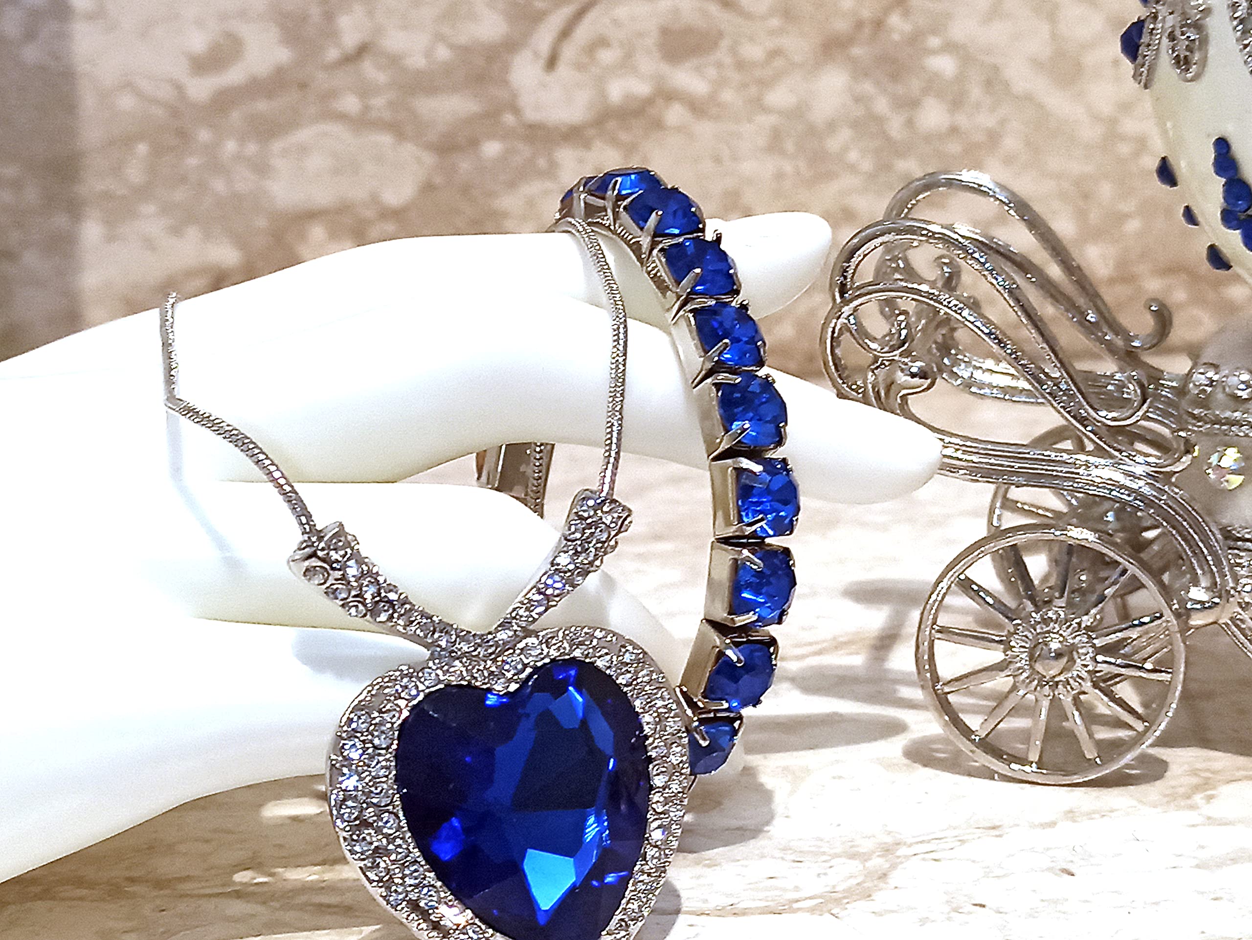 Exquisite Handcrafted Fabergé Egg Titanic Passion Jewelry Set - Silver Heart of the Ocean Necklace & Tennis Bracelet with Natural Sapphire, Unique Anniversary & Valentine's Gift for Weddings, Romantic Occasions and Special Celebrations