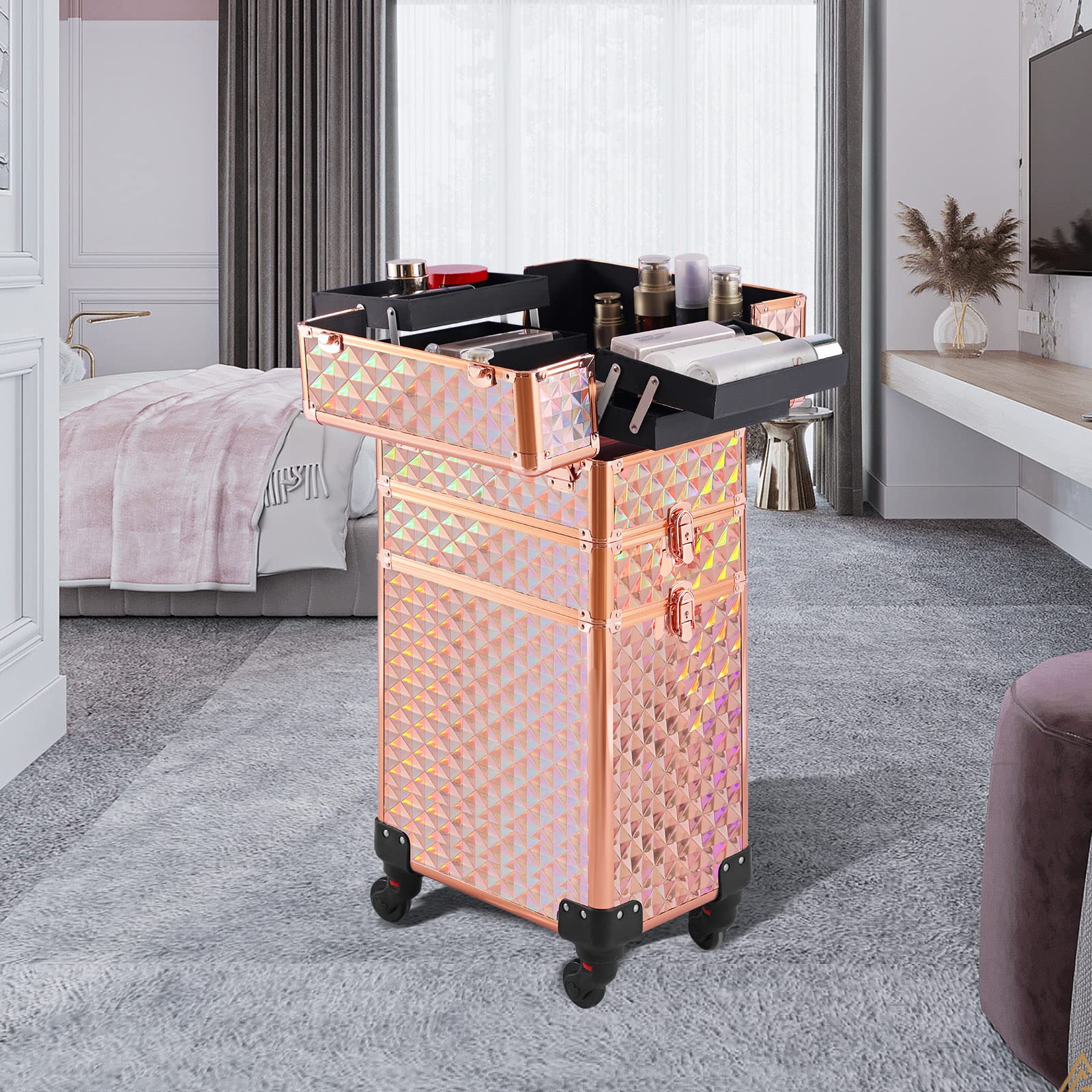 Professional 3-in-1 Rolling Makeup Train Case with Large Storage - Rose Gold & Pink Cosmetic Organizer Trolley for Salon, Barber, Travel & On-the-Go Beauty Professionals