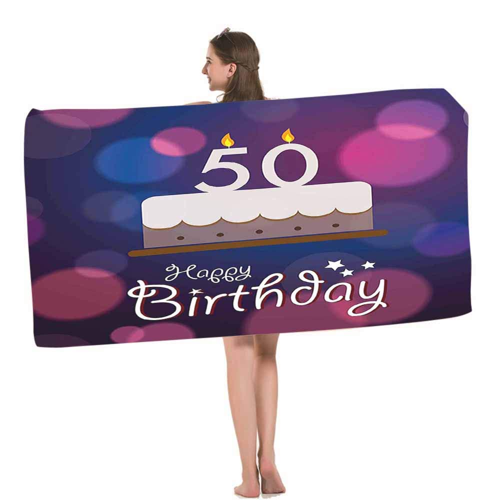 Happy 50th Birthday Beach Towel - Soft, Highly Absorbent Bokeh Cake Design Bath Towel for Swimming, Sports, Beach, Gym & Bathroom - Perfect Gift for Birthday Parties & Poolside Celebrations
