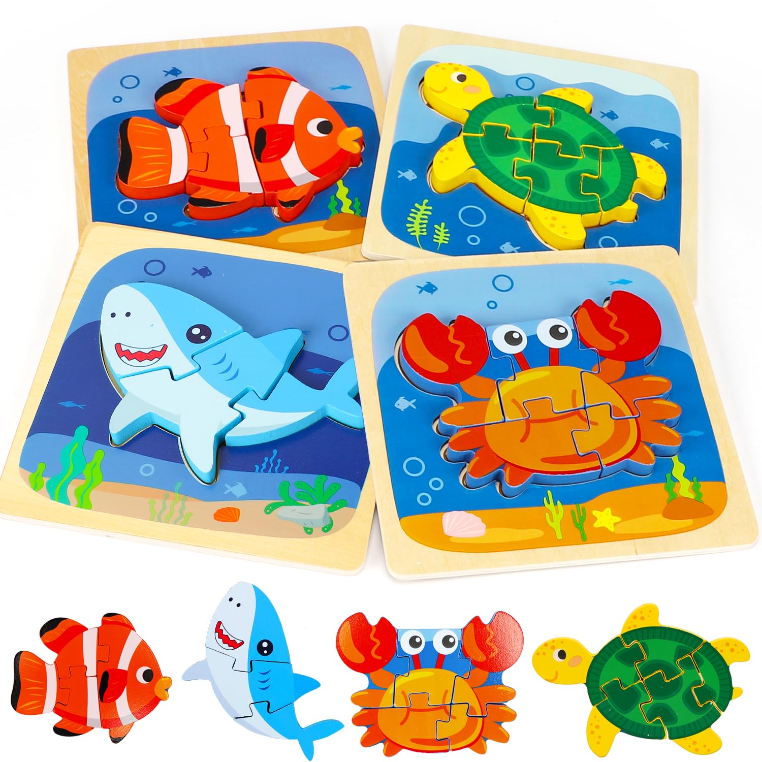 TOY Life 4-Piece Wooden Toddler Puzzles - Ocean Animals Learning Toys for 1 2 3 Year Old Boys & Girls | Montessori STEM Educational Toys for Preschoolers Ages 2-4 | Perfect for Early Childhood Development & Sensory Play