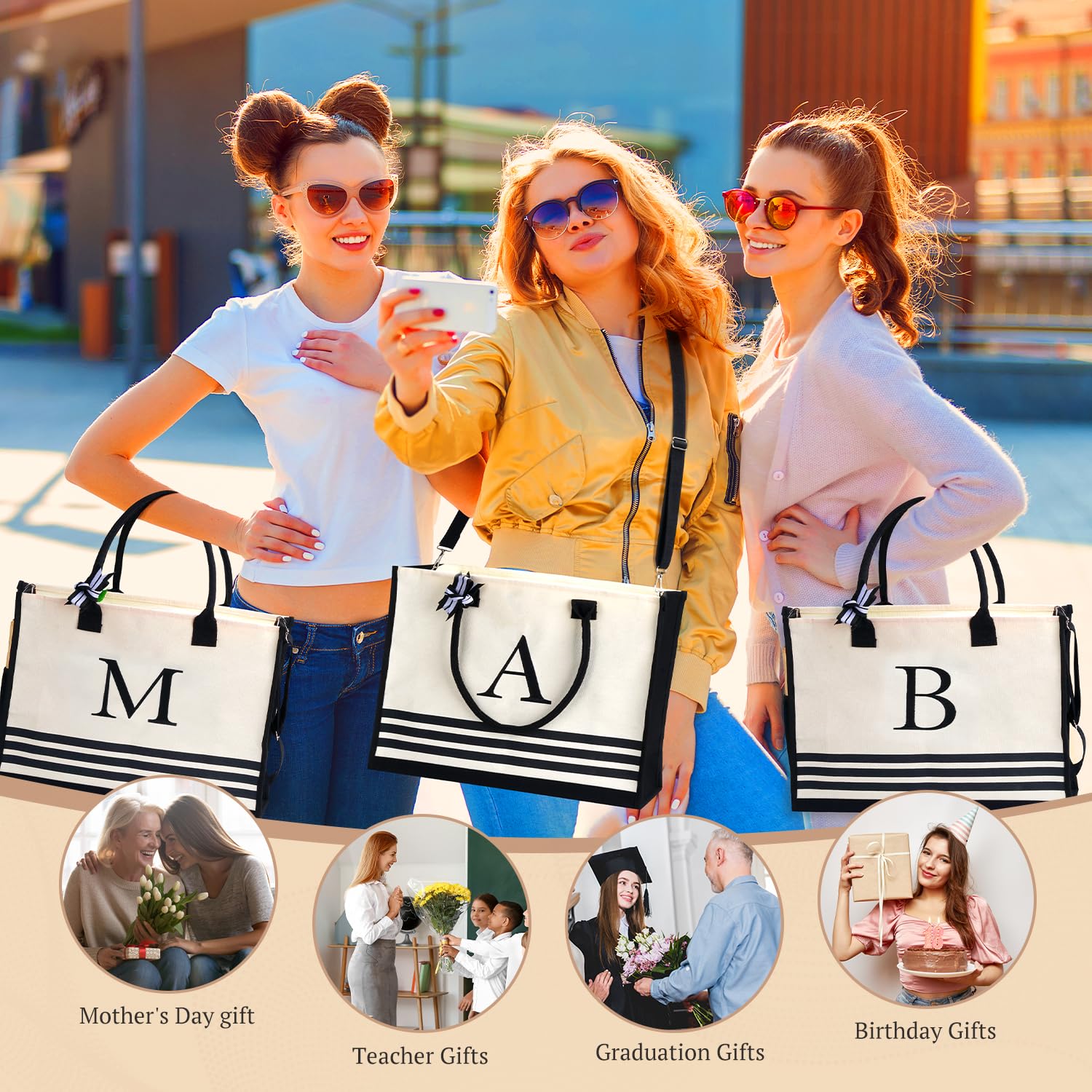 Personalized Monogram Canvas Tote Bag for Women - Custom Initial Beach Tote - Perfect Teacher Gift, Birthday Present & Graduation Gift Idea - Great for Shopping, Work, Travel & Beach Day