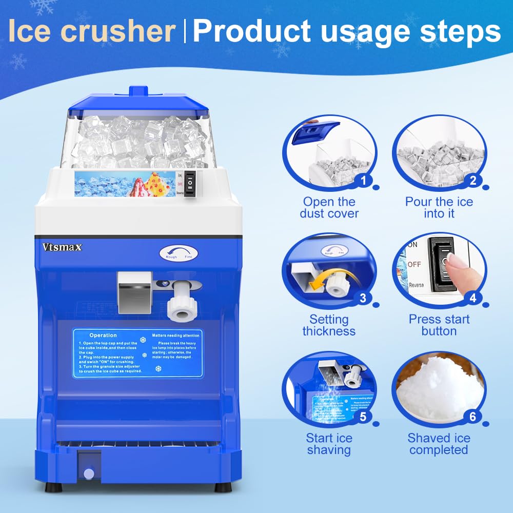 300W Electric Ice Shaver & Snow Cone Maker Machine - Adjustable Thickness, 441Lbs/Hr Commercial Ice Crusher for Bars, Parties, Home Use (Blue) - Perfect for Summer Drinks, Cocktails & Dessert Making