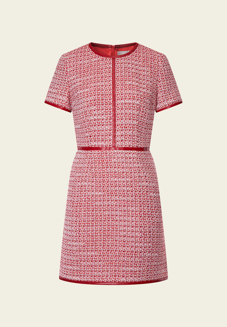 Elegant Red Leather-Trimmed Tweed Mini Dress for Women | Vintage Style Party Cocktail Dress | Perfect for Date Nights, Weddings & Special Occasions