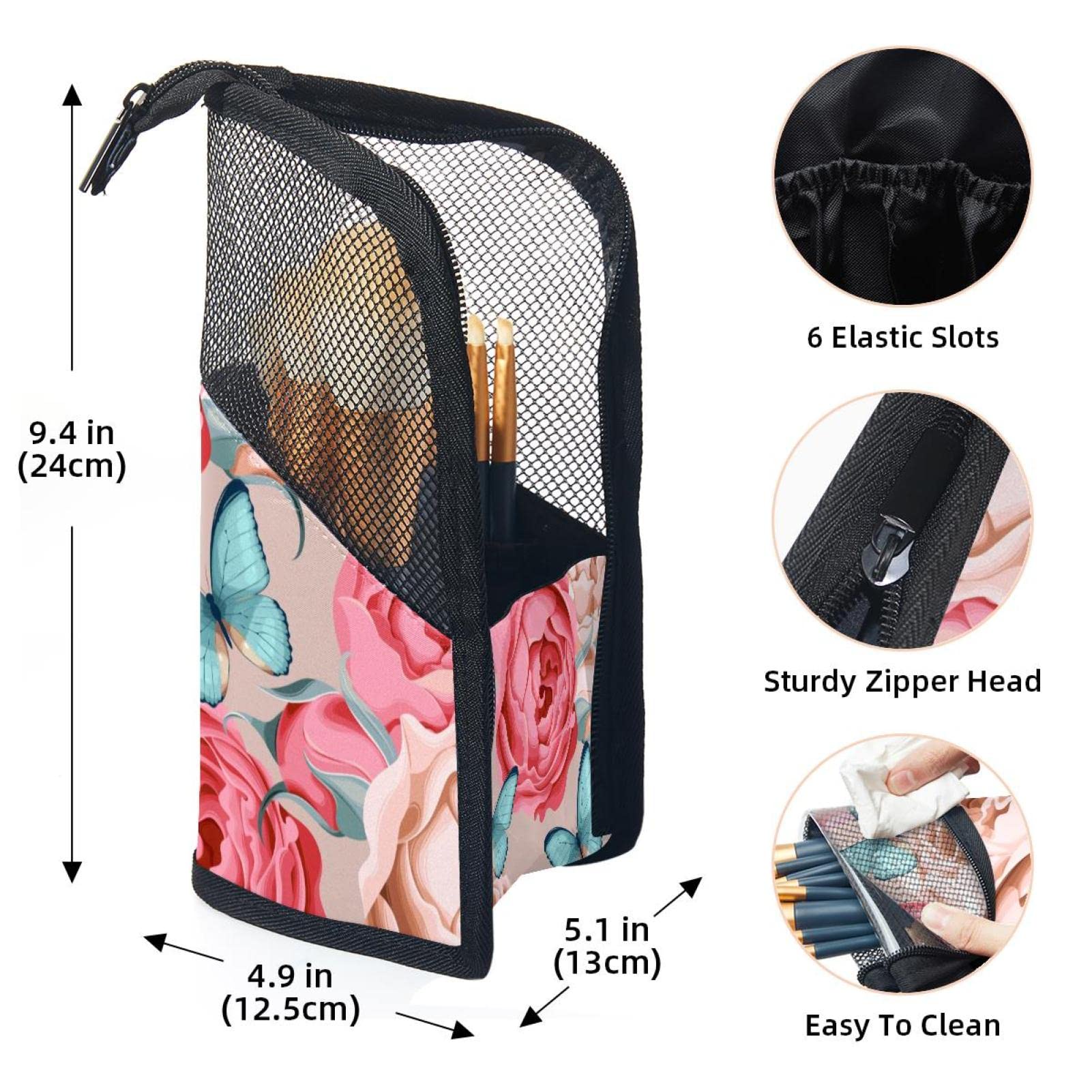 12-Piece Makeup Brush Organizer Bag with Floral Butterfly Design - Portable Cosmetic Brush Holder Case for Travel, Home & Professional Use
