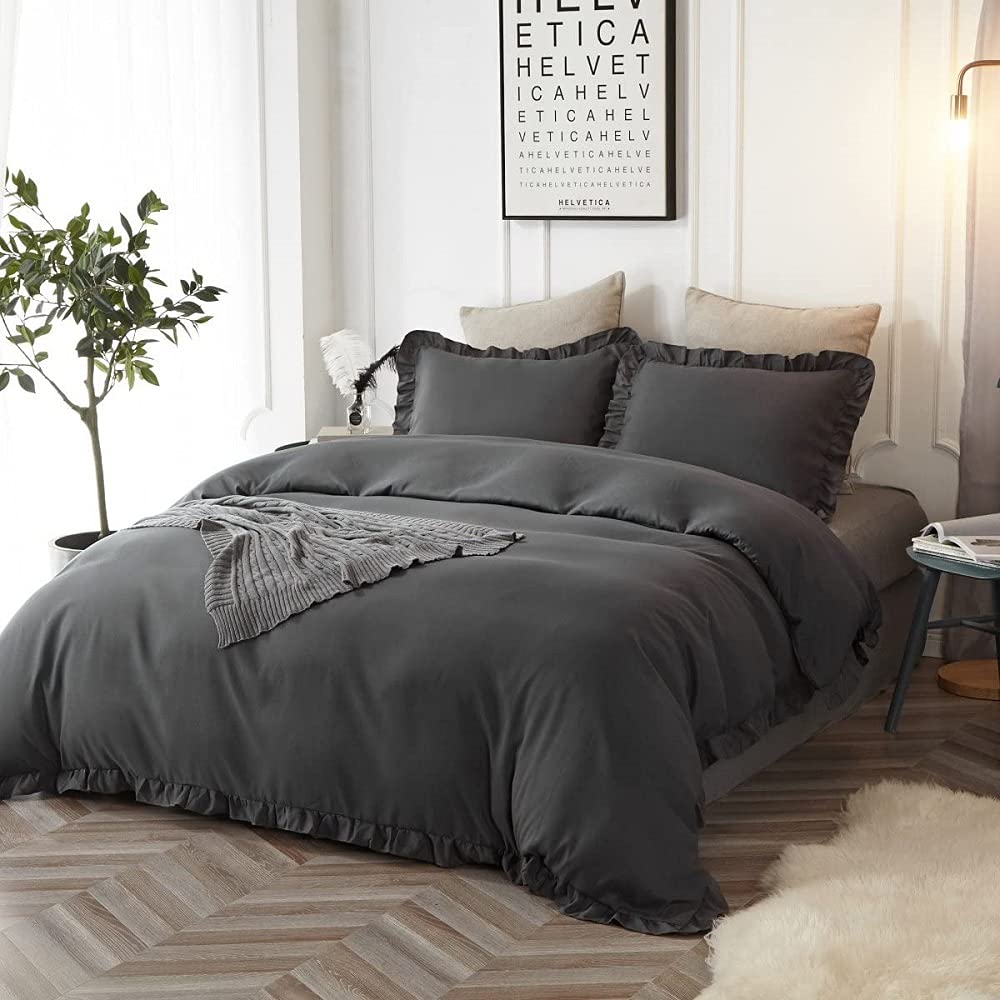 Ruffled Cotton Duvet Cover Set - Charcoal Grey Queen & King Size (90x104 Inches) | Soft Bedding with Elegant Ruffle Design | Perfect for Master Bedroom, Guest Room & Luxury Hotel Decor
